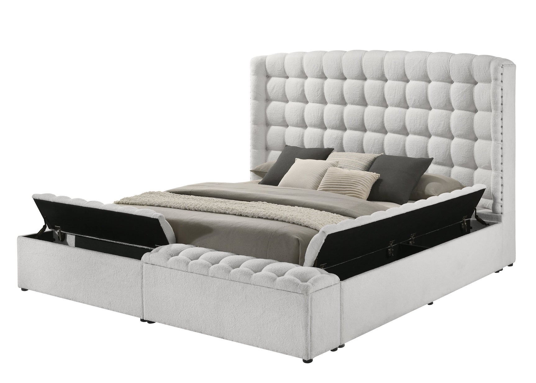 Side view of Madonna White Upholstered Queen Bed with storage