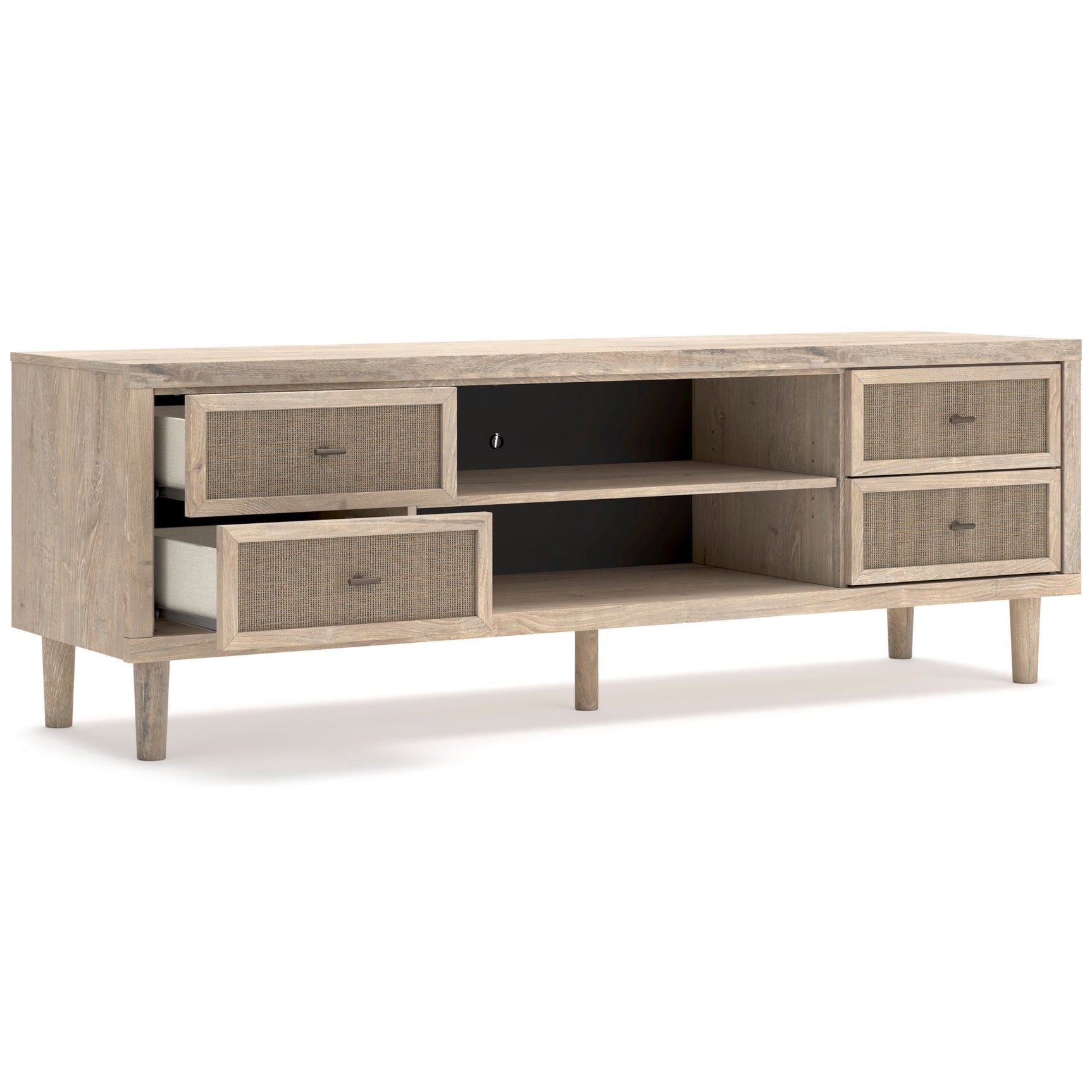 Belmar TV stand side angle showing open shelving