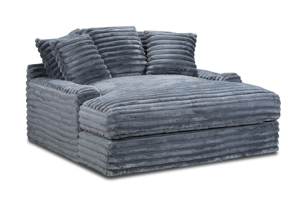 Quinn Charcoal Chaise Lounge front angle highlighting charcoal fabric and armrest cupholders