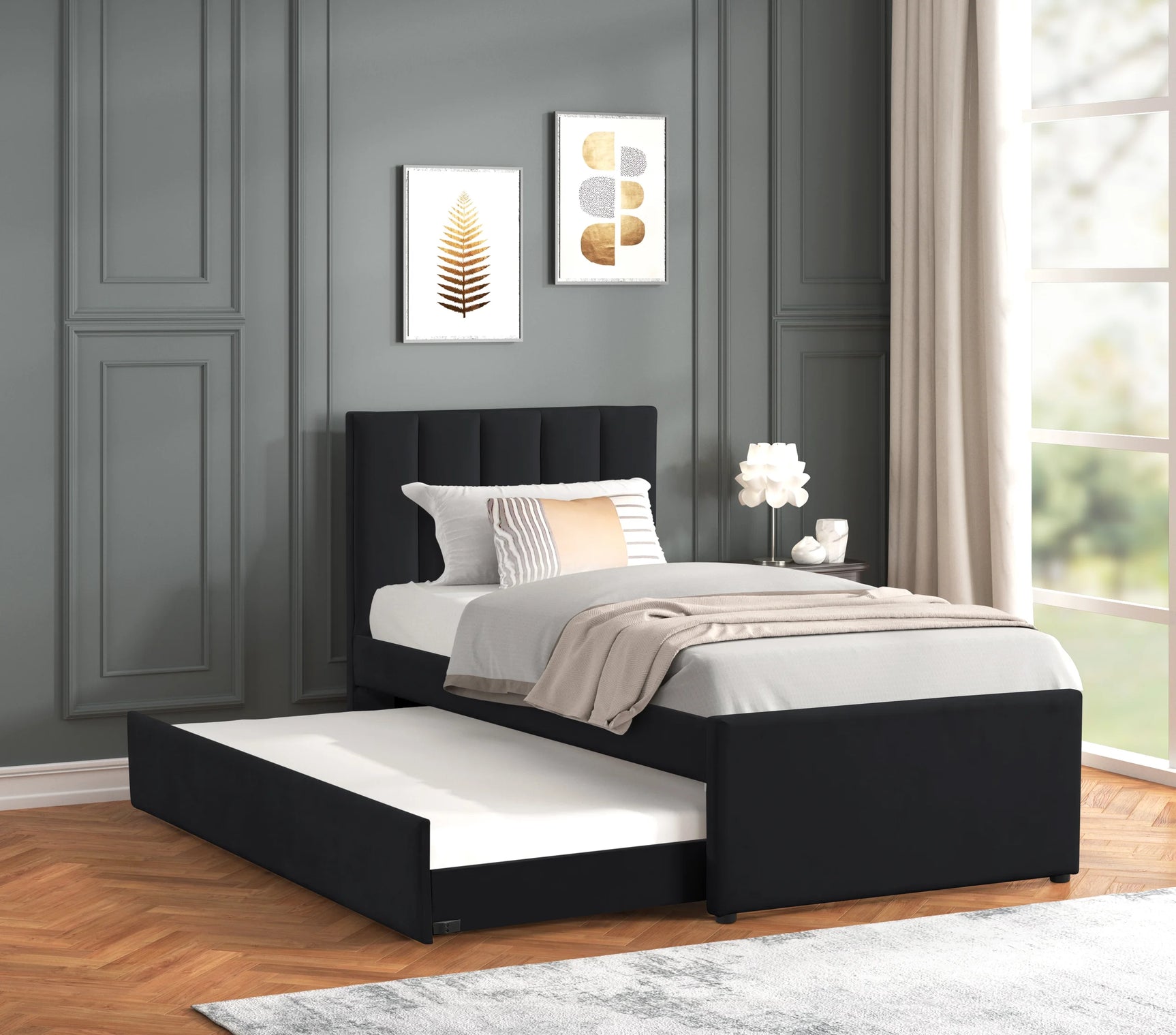 Maya Black Twin Velvet Platform Bed with Trundle side angle
