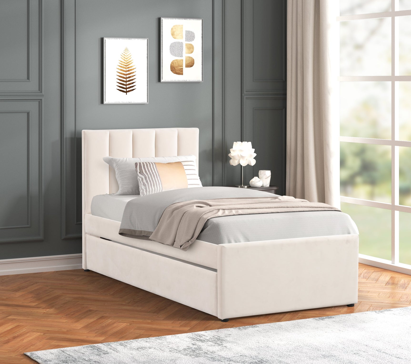 Close-up of beige velvet upholstery on the Maya twin platform bed