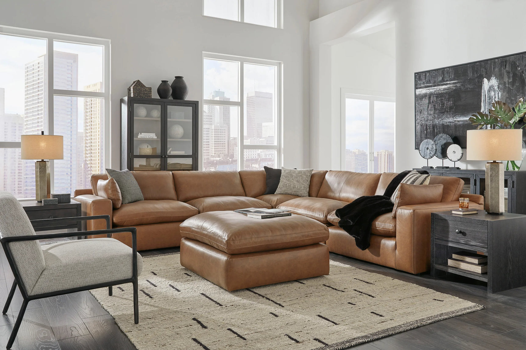 Side view of Emilia Caramel genuine leather sectional sofa