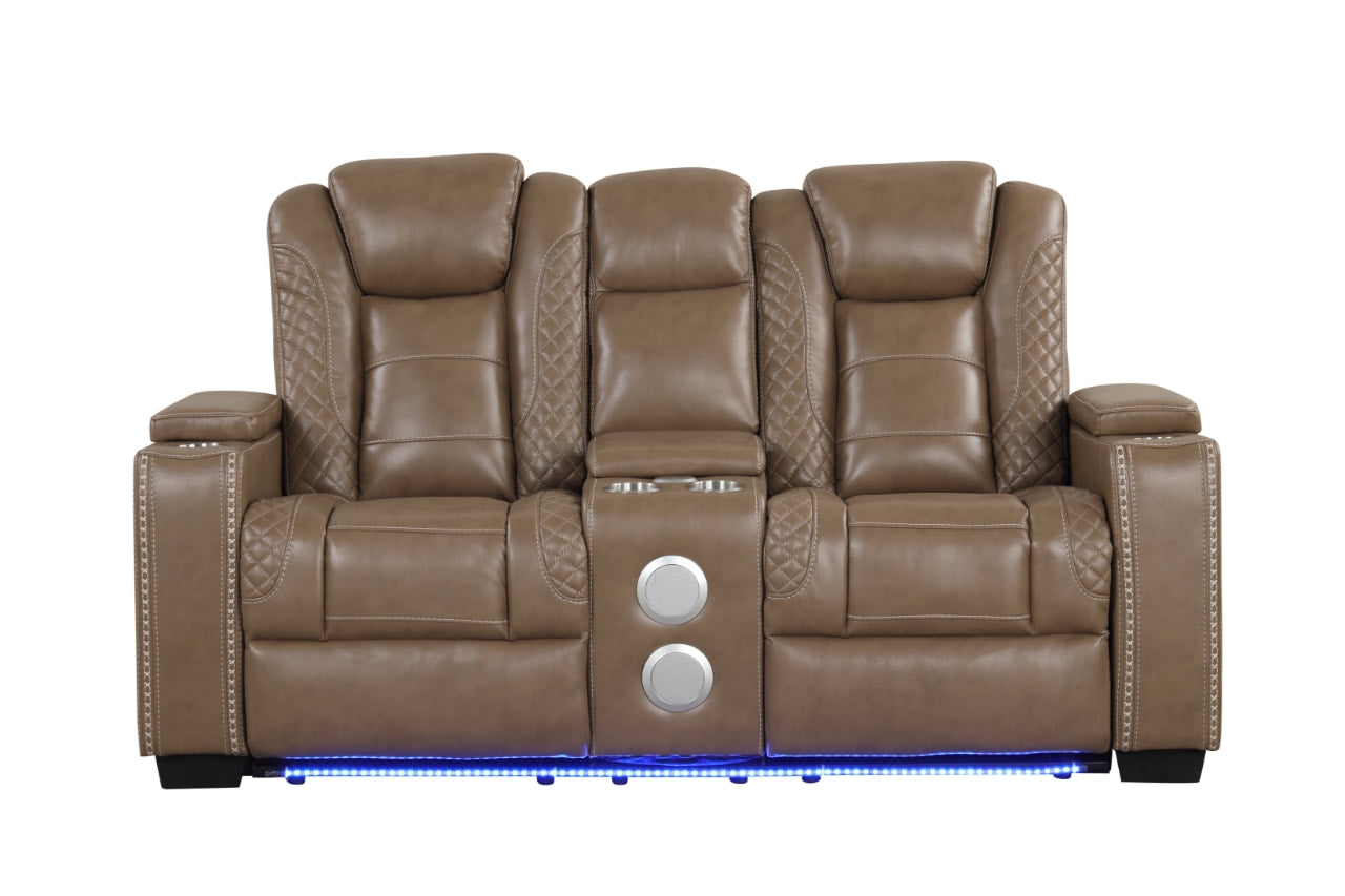 Side angle of Stefano reclining loveseat with storage compartment