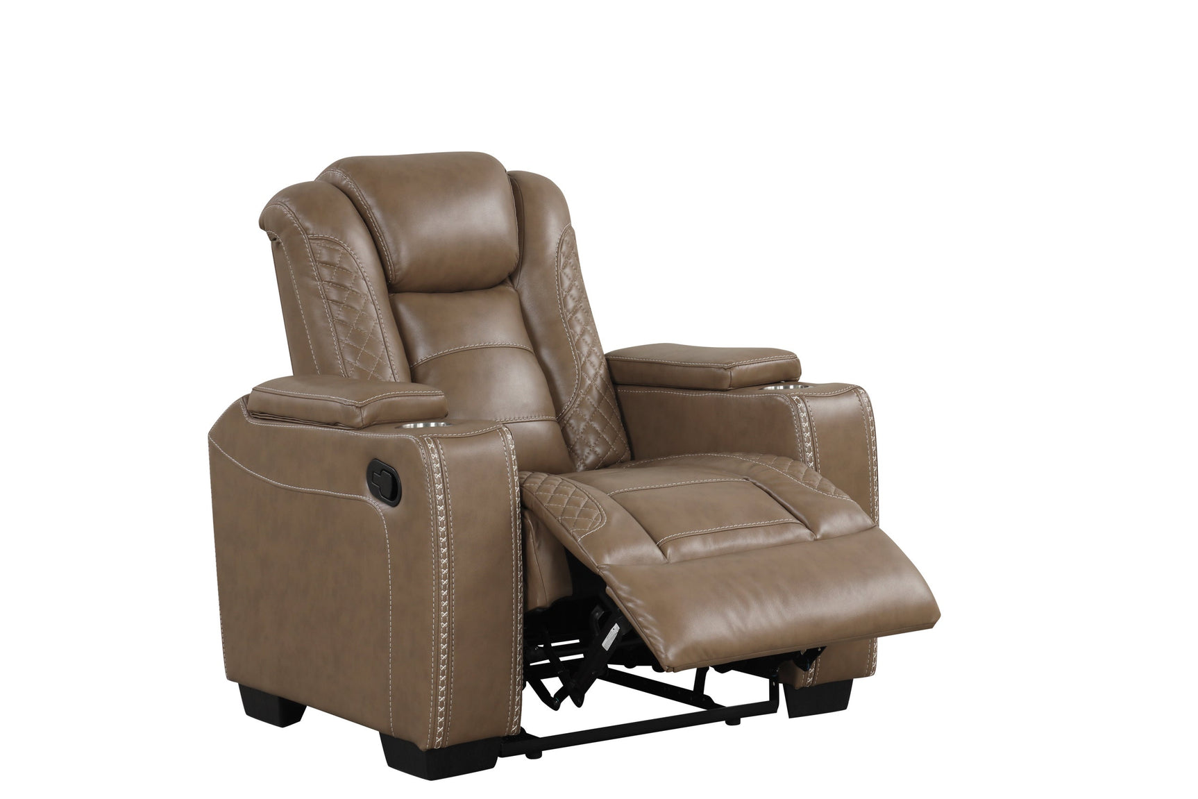 Close-up of sofa armrest with storage compartment and control buttons