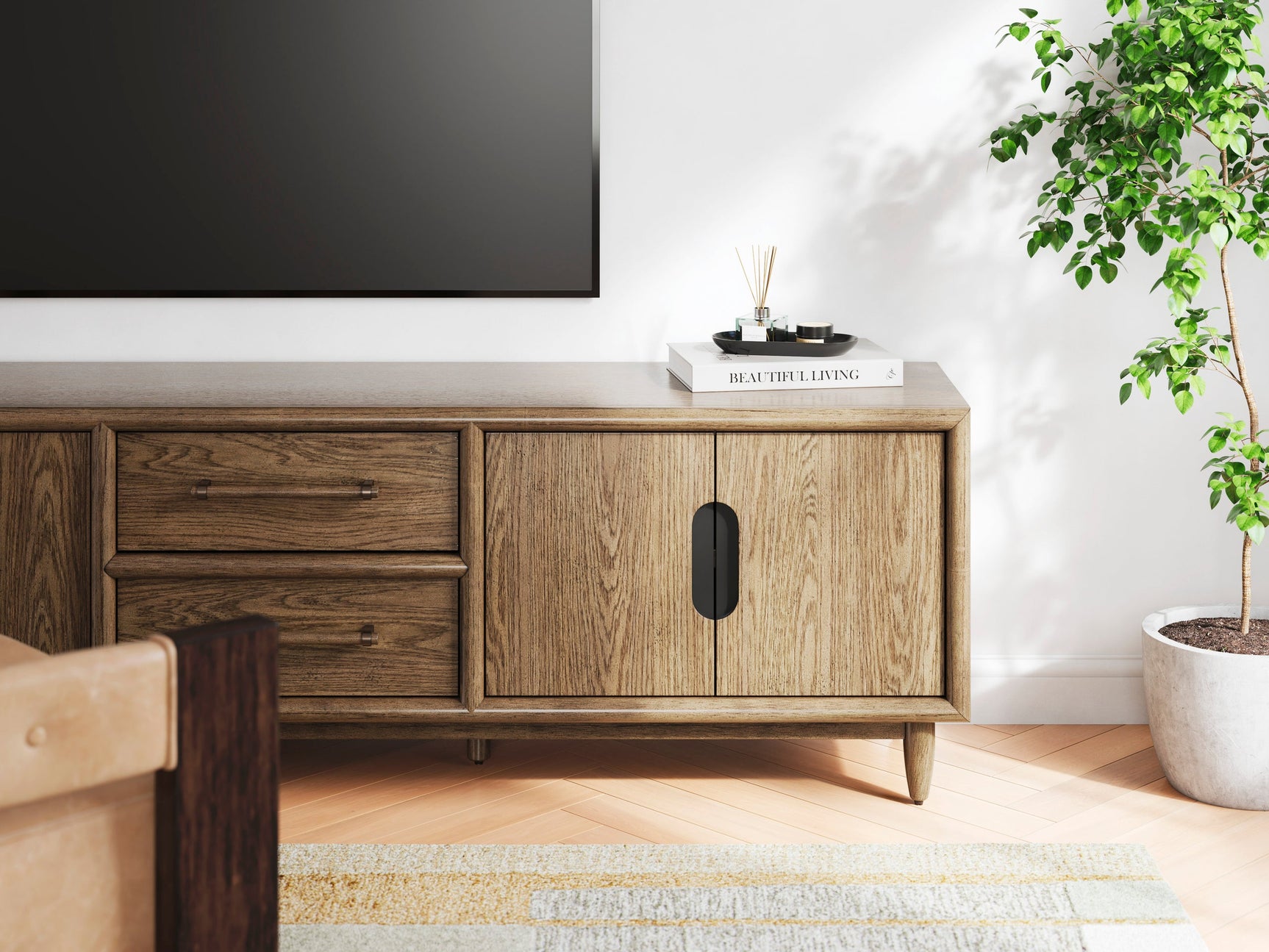 Close-up of Roanhowe TV Stand finish and storage