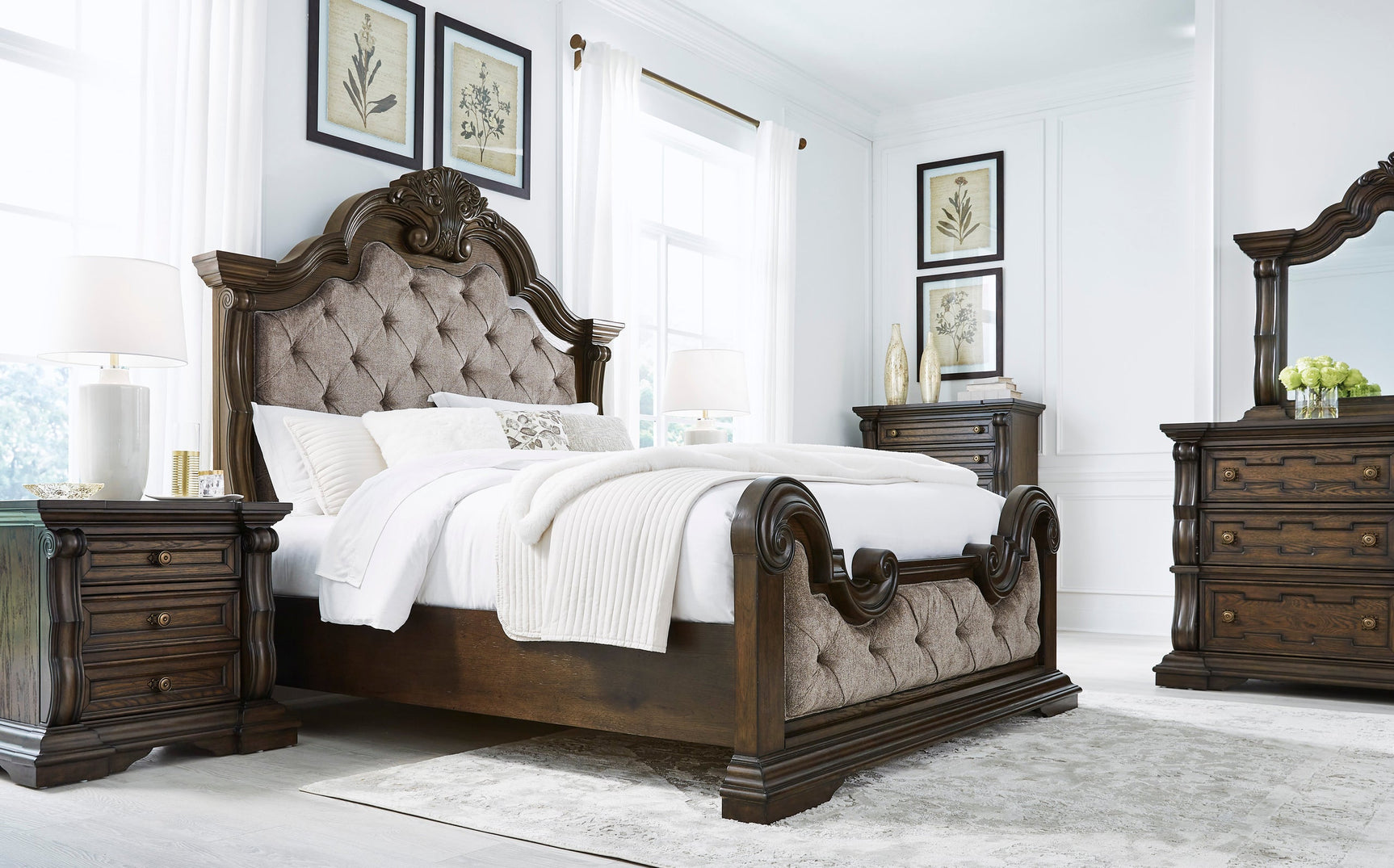 side view of Maylee Dark Brown Upholstered Panel Bedroom Set bed