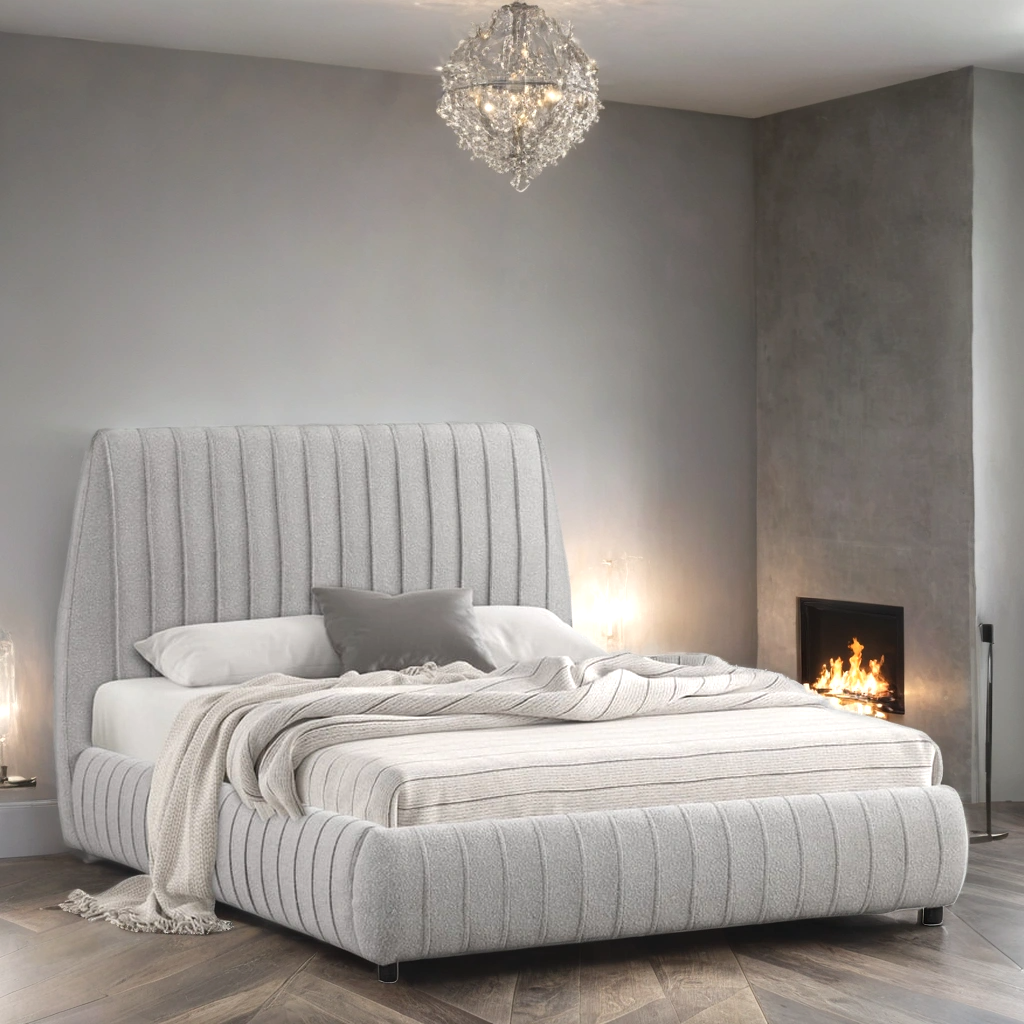 Side view of Oasis gray upholstered platform bed