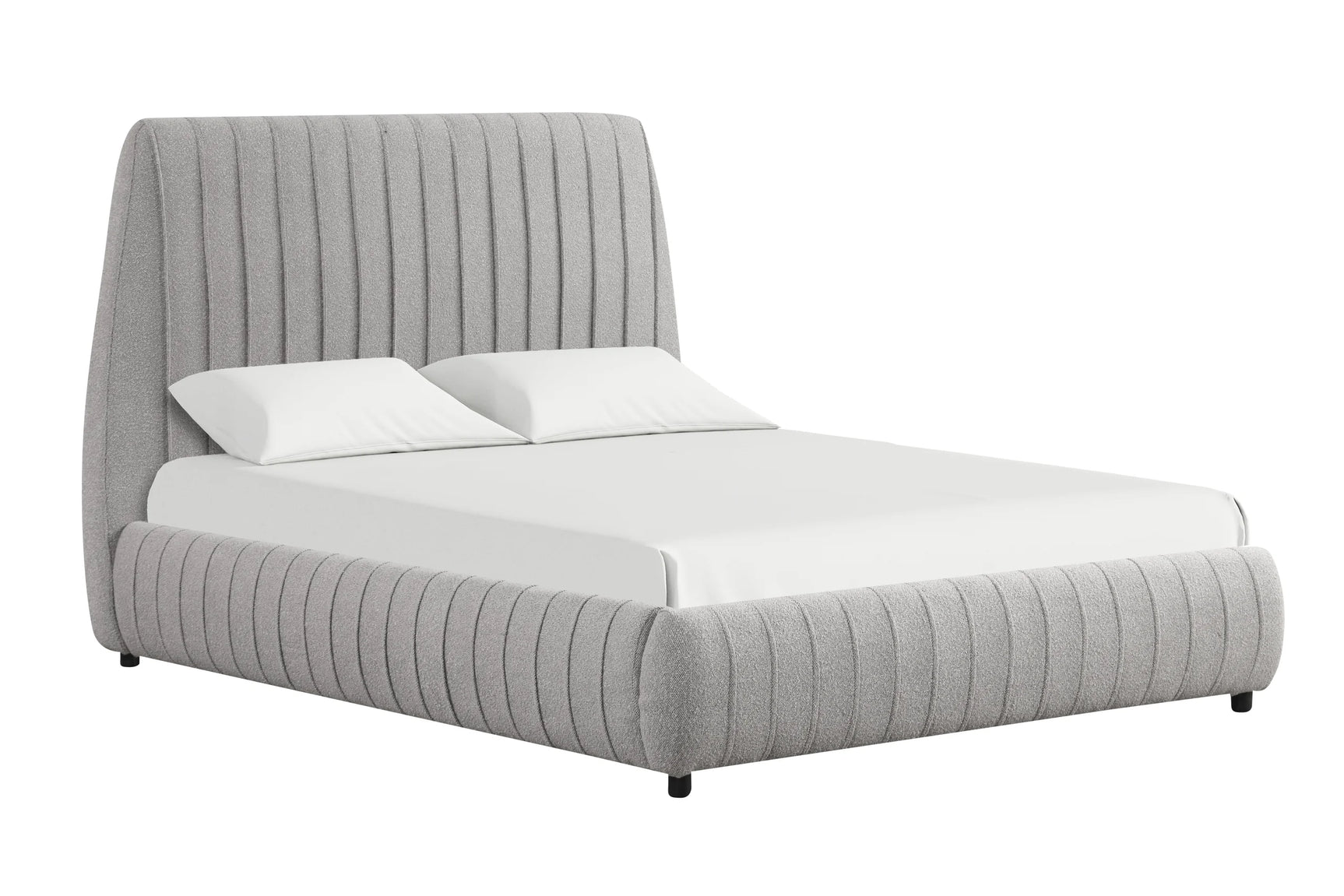 Oasis platform bed with soft gray upholstery detail