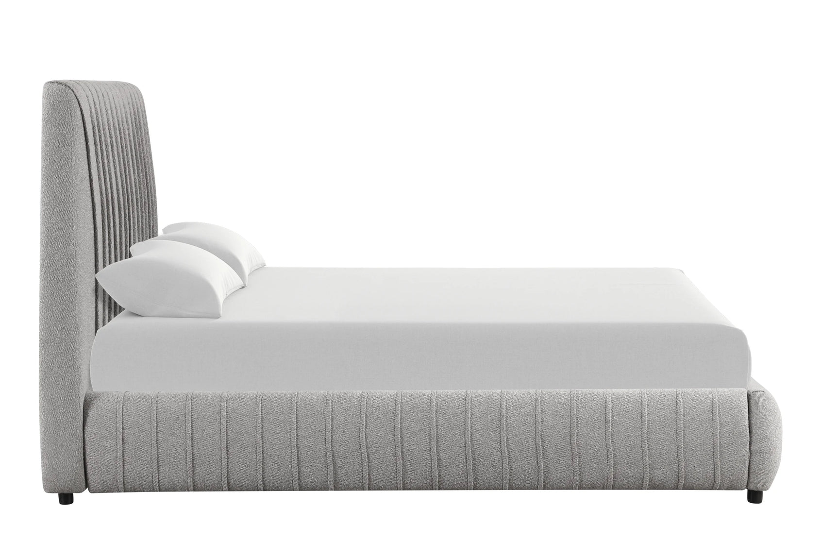 Bedroom with Oasis queen platform bed in gray boucle