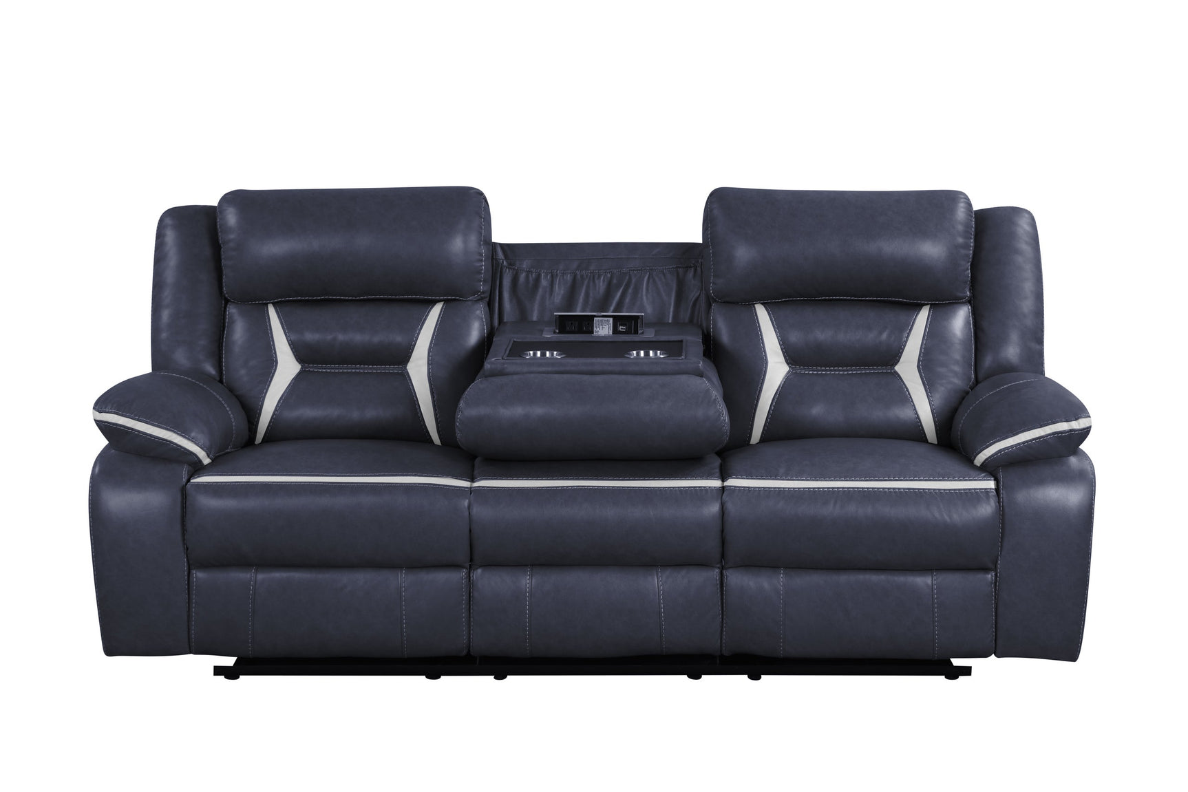 Luka blue reclining loveseat with storage console and power outlets