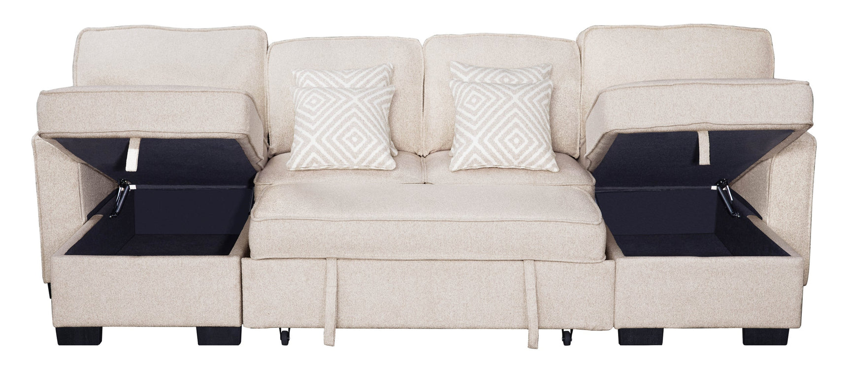 detail view of Sahara Beige Double Storage Chaise Sectional w Drop Down Cupholders sectional sofa