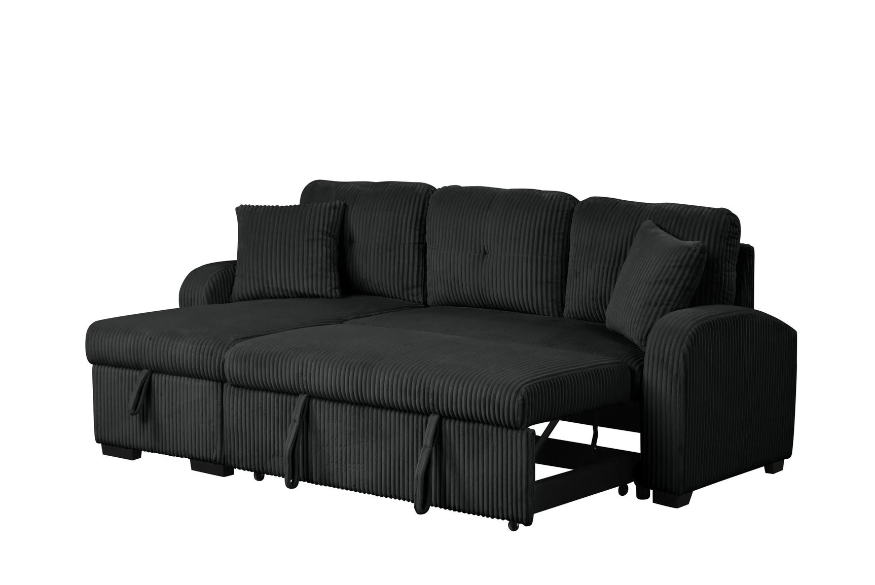 Detail view of black upholstery and storage chaise