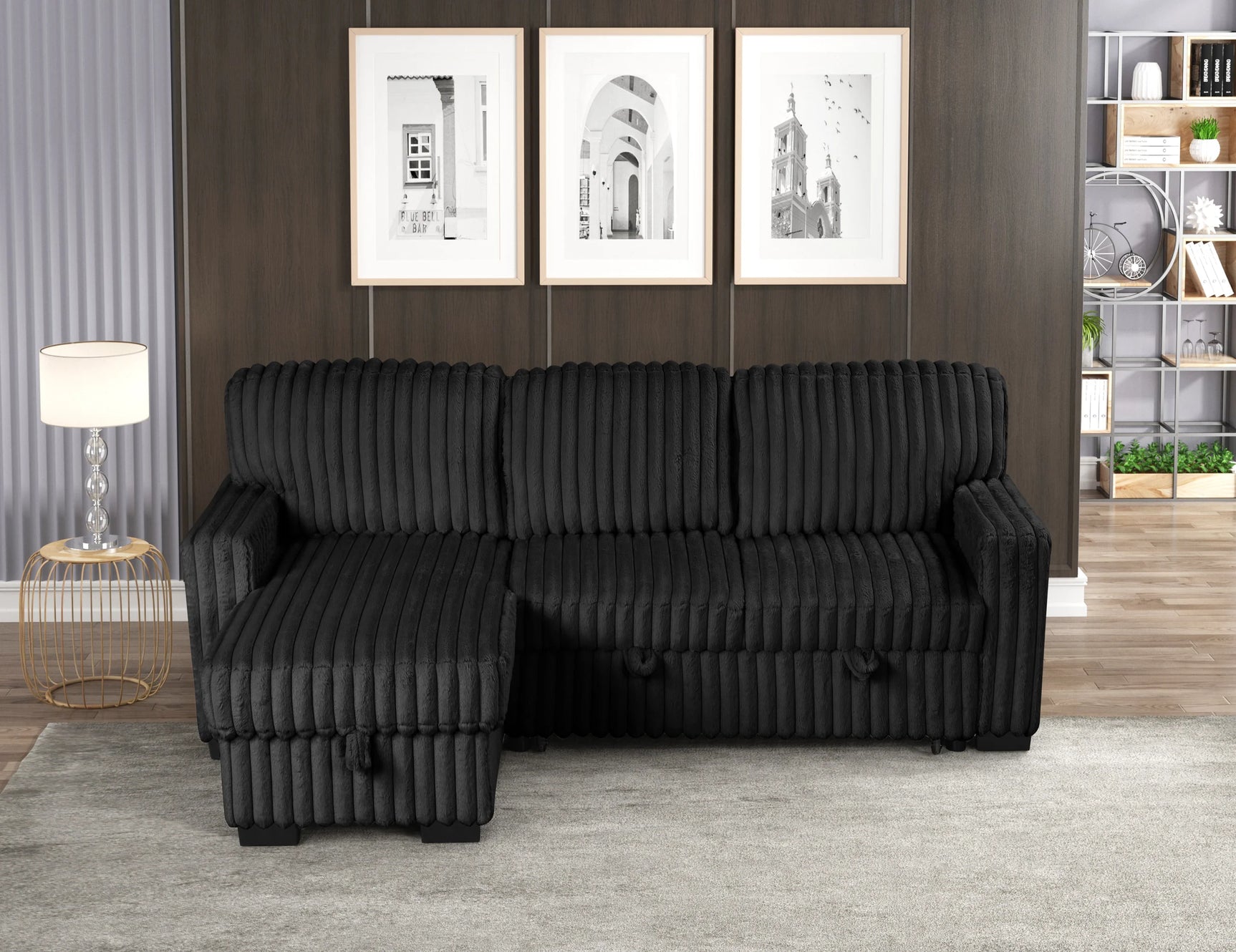 Room view of Poland Black Reversible Sectional Sofa with chaise section