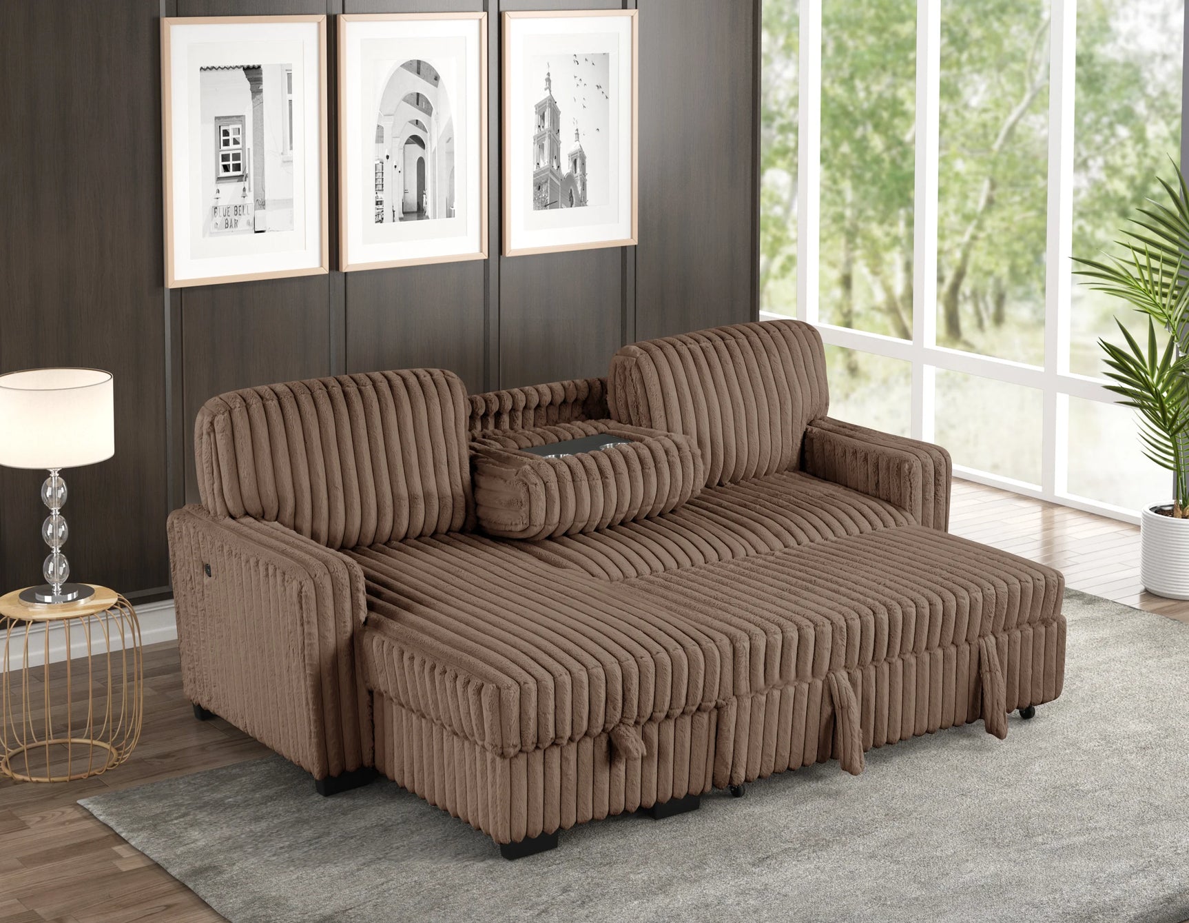 close-up detail of mocha upholstery and cupholders