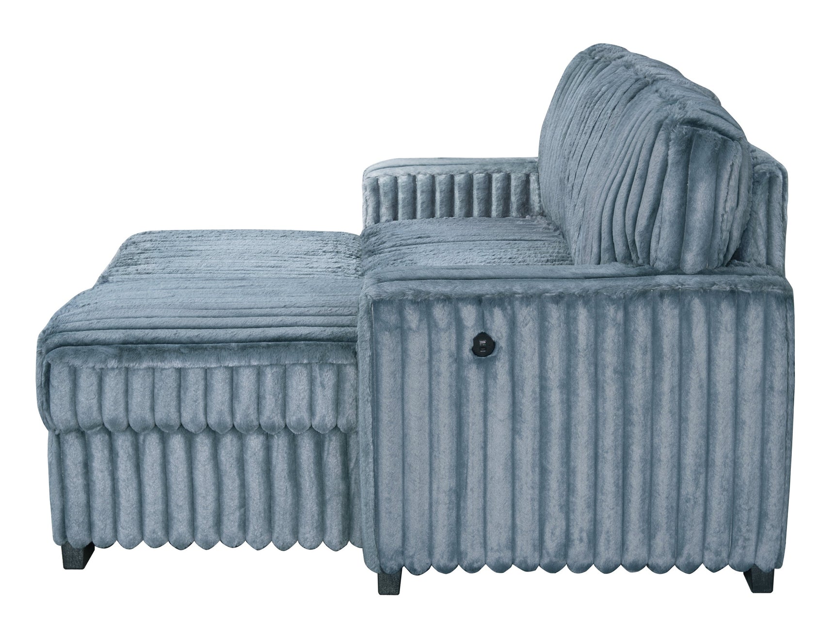 Close-up of table and USB charging ports on Poland sectional
