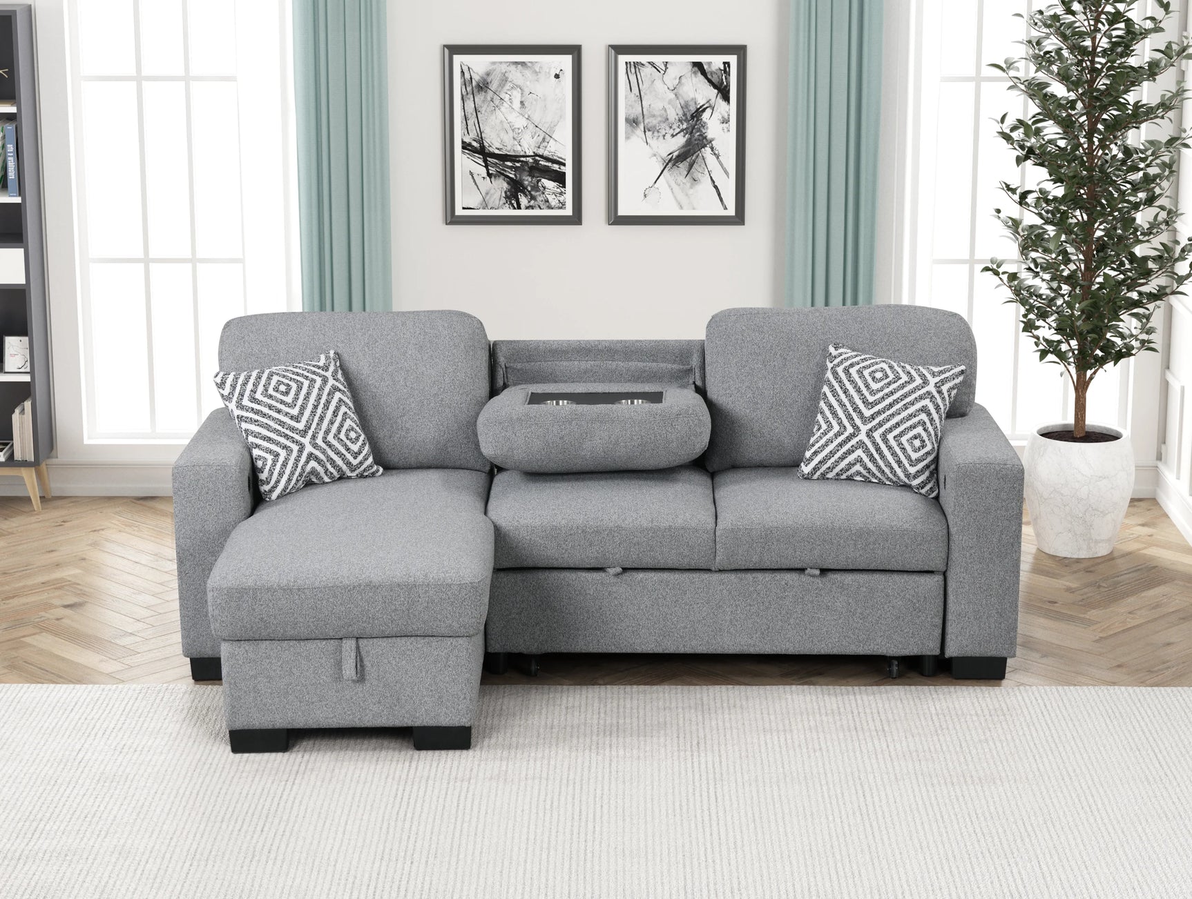 detail view of sectional fabric and drawers