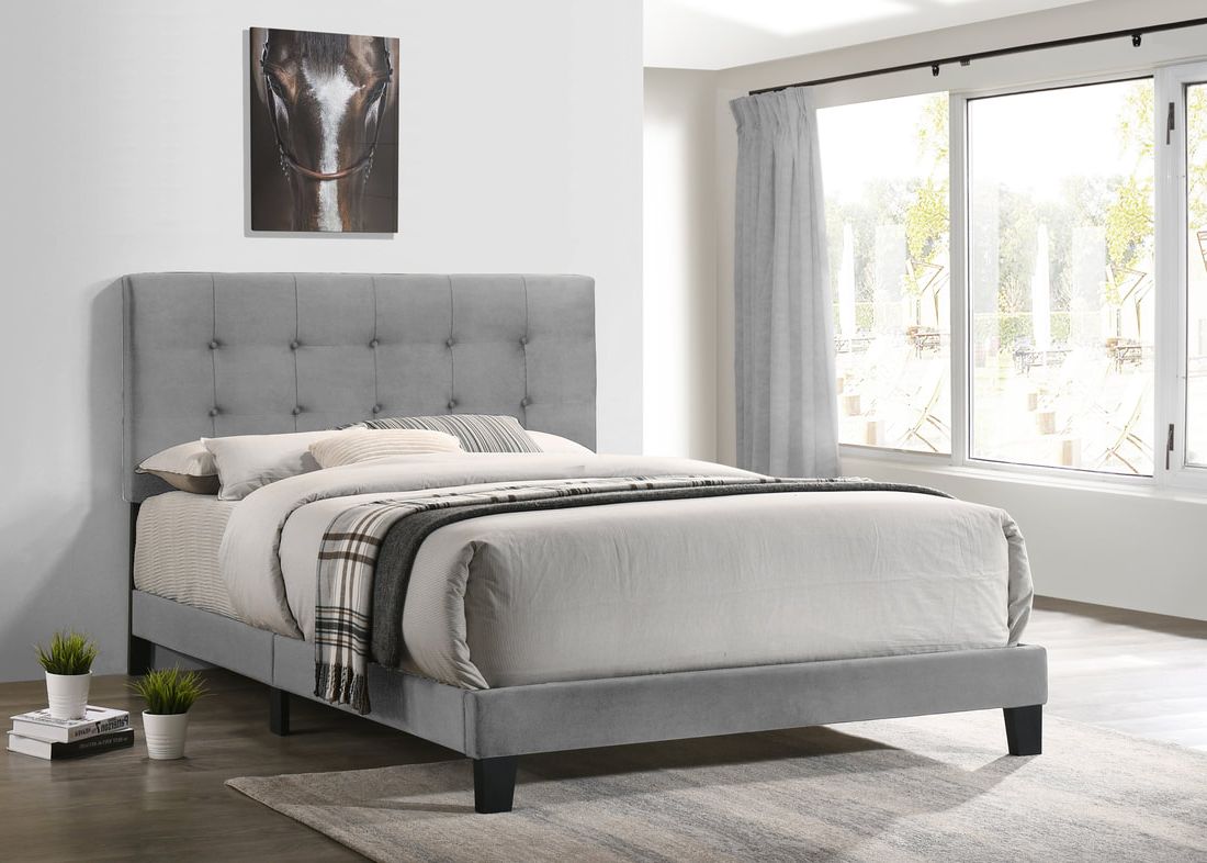Side view of Nini Gray velvet platform twin bed