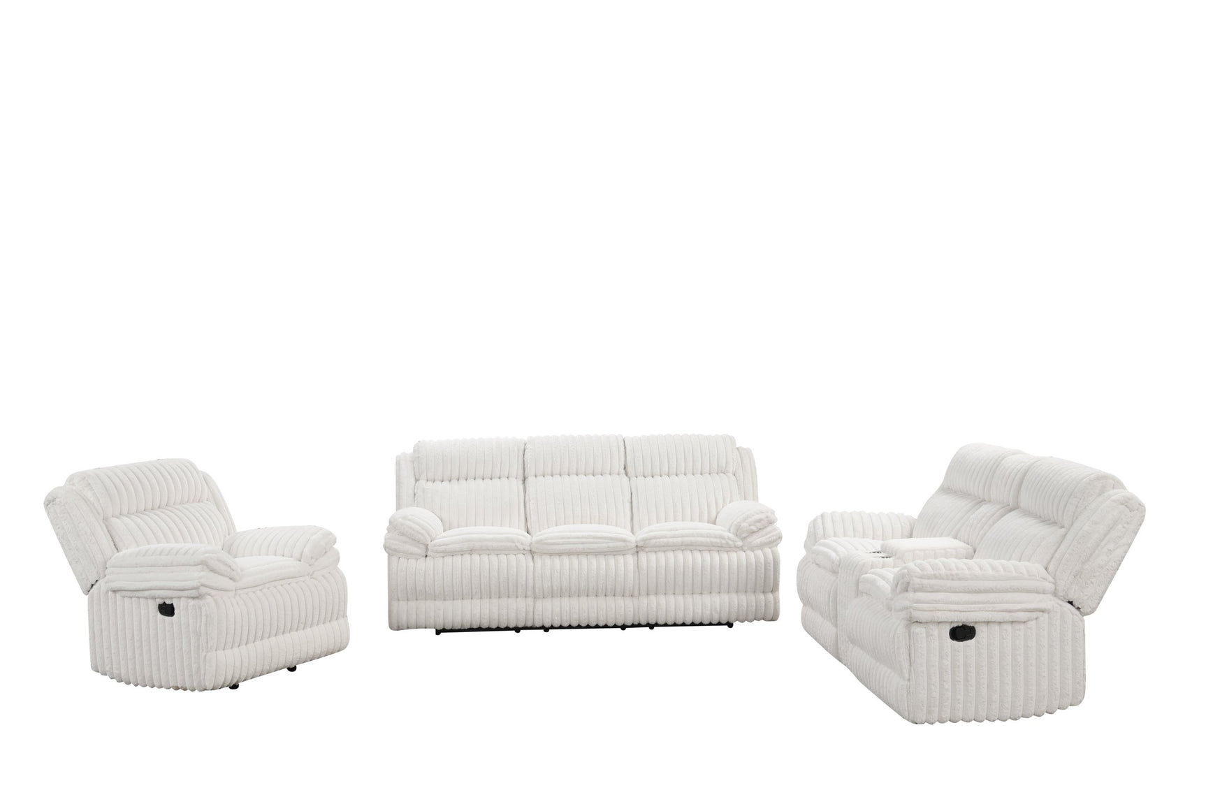 Beige fabric sofa reclining seat detail