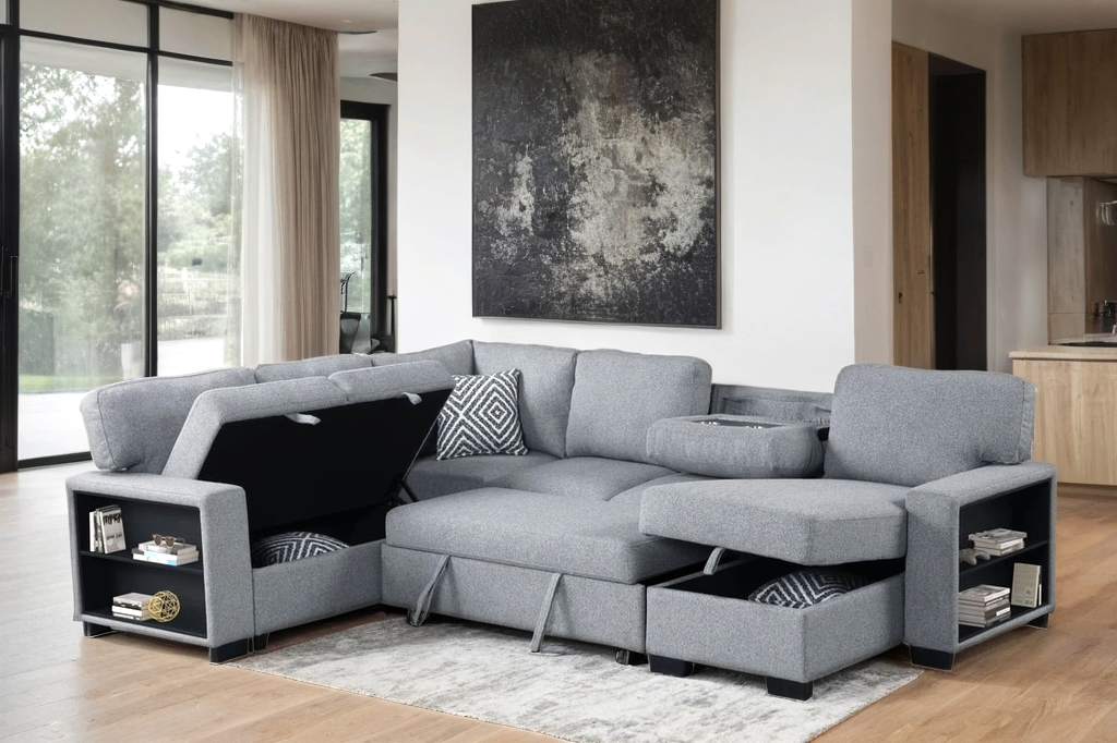 Side view showing chaise and storage shelves