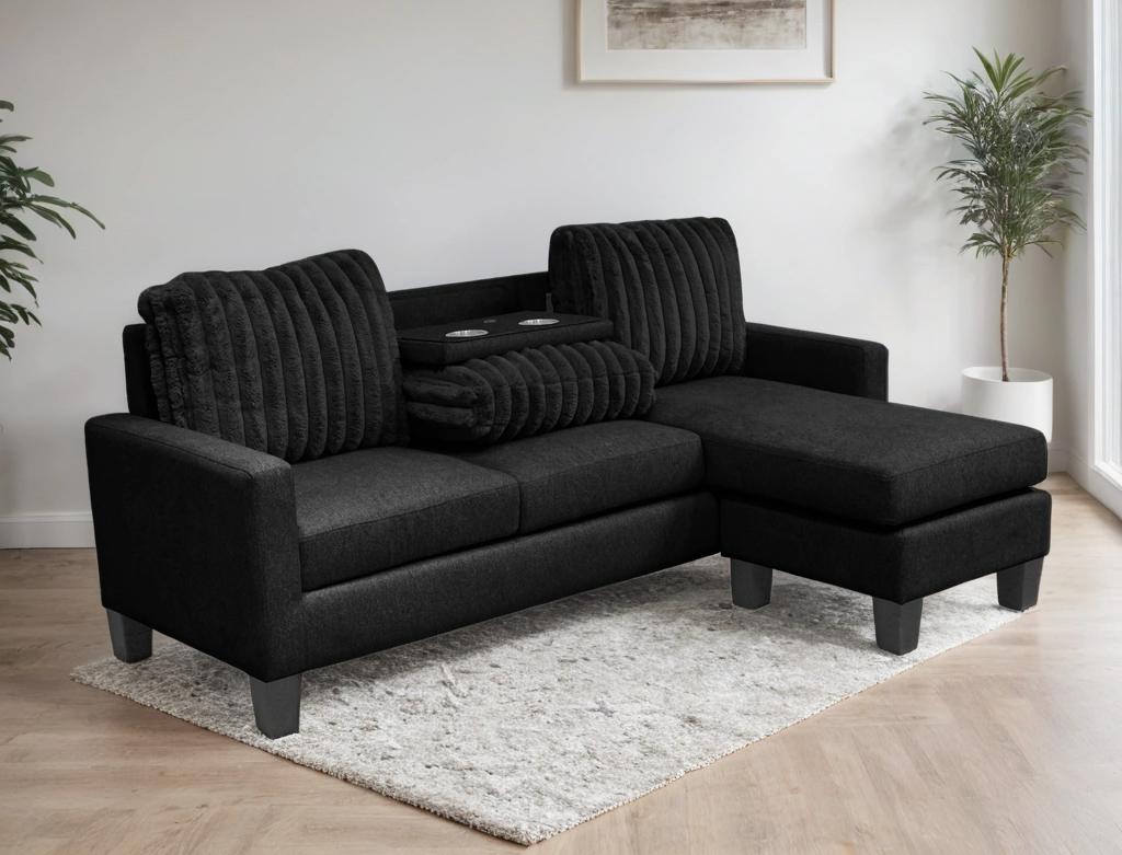 Close-up detail of Neymar Black Reversible Sectional sofa upholstery and features