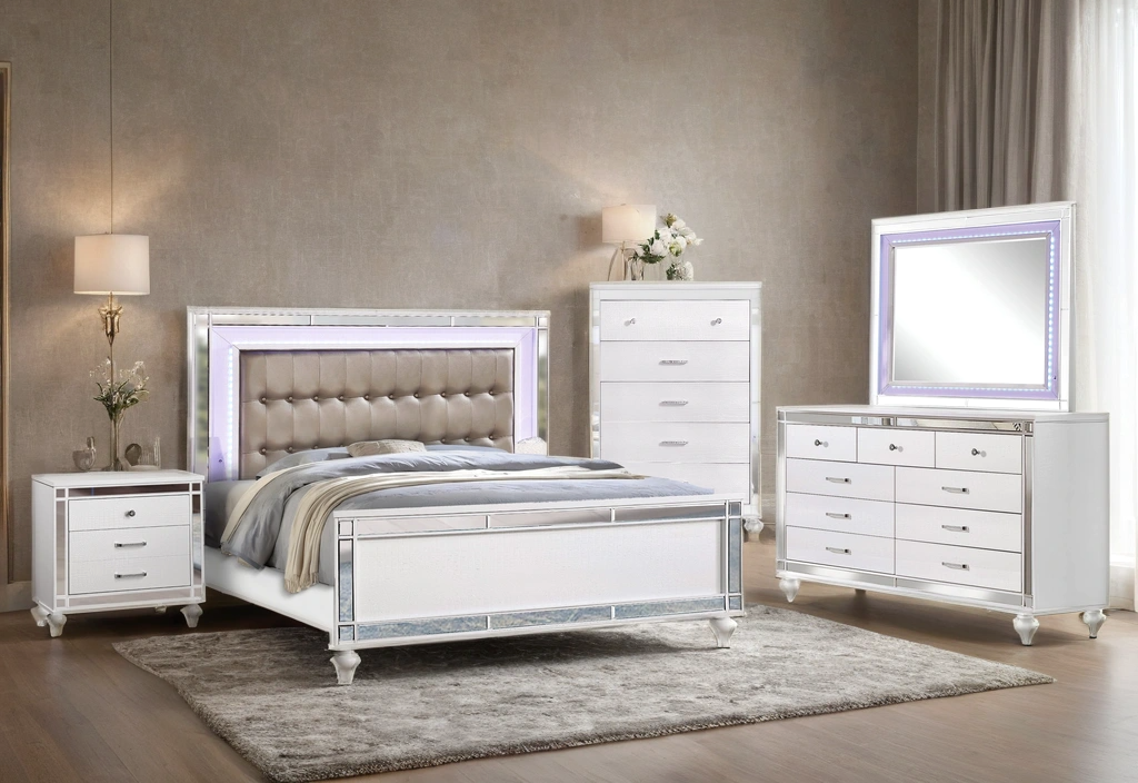 Side view of Blanca White Brown Upholstered LED Panel Bedroom Set bed