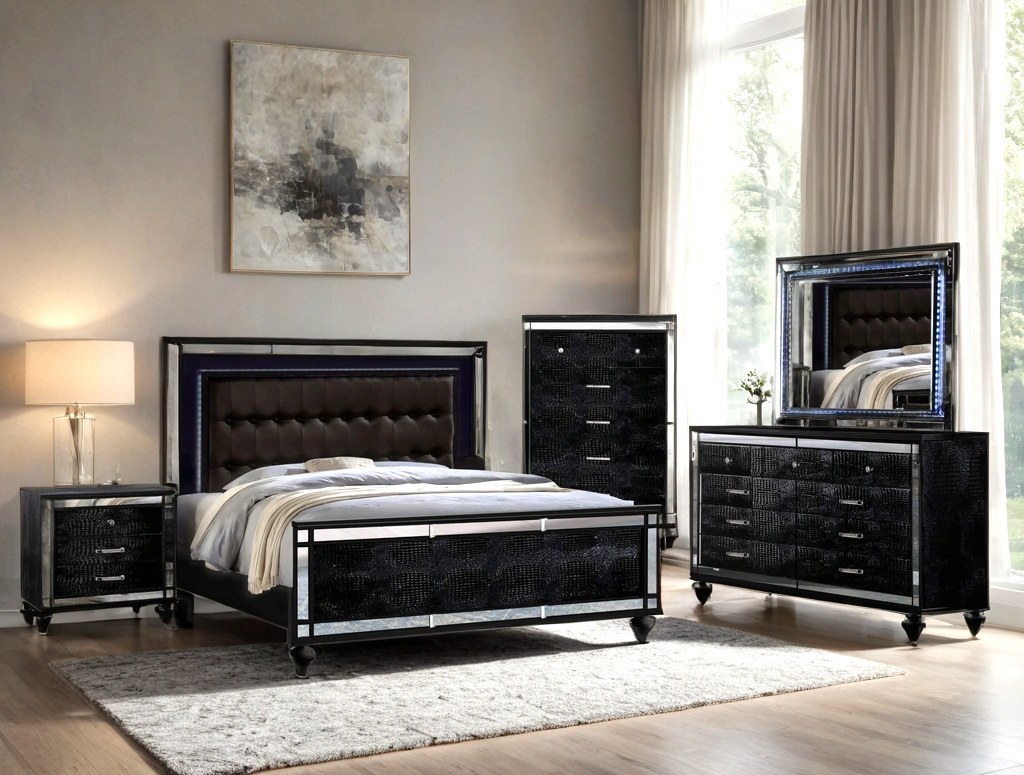 Blanca black upholstered LED panel bedroom set bed main front view