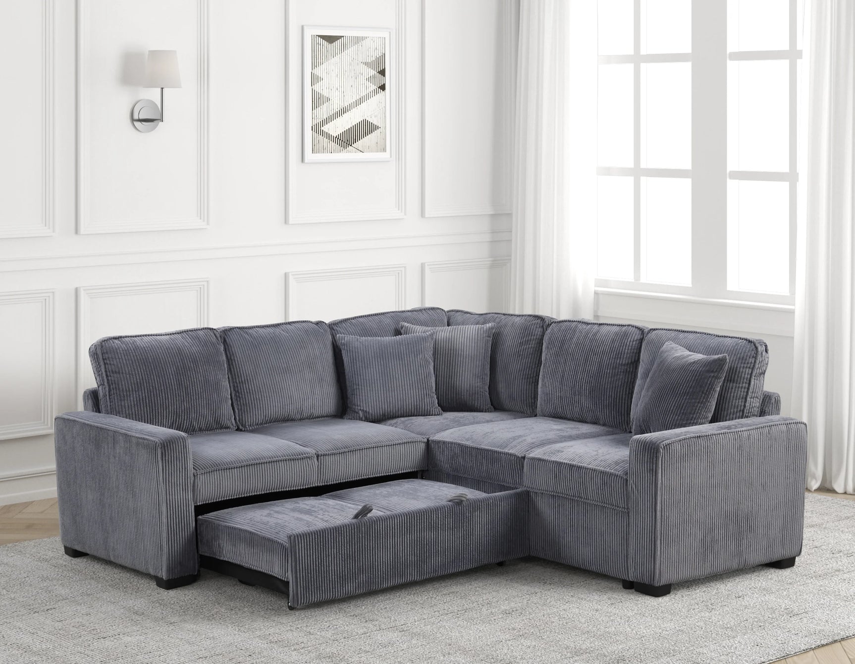 Side view of Ariel charcoal sectional sofa featuring USB charging ports