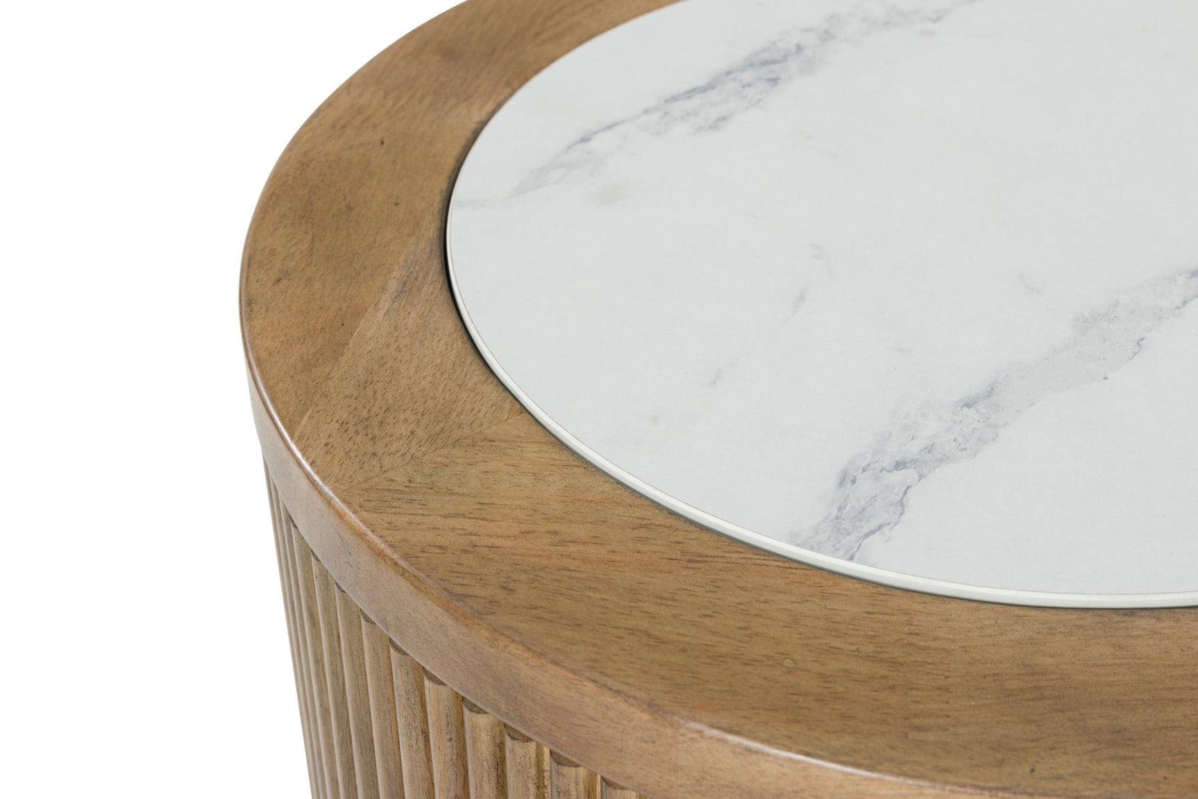 Cocktail table close-up showing faux marble top and casters