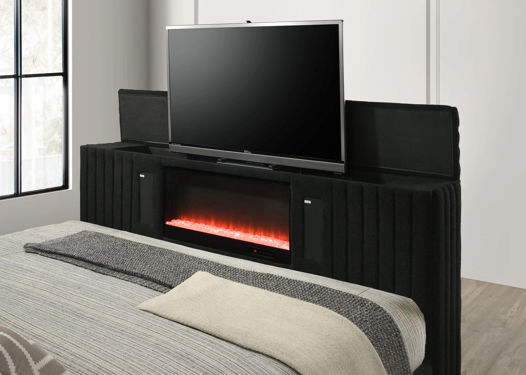View of bed footboard demonstrating multi-color LED and TV stand
