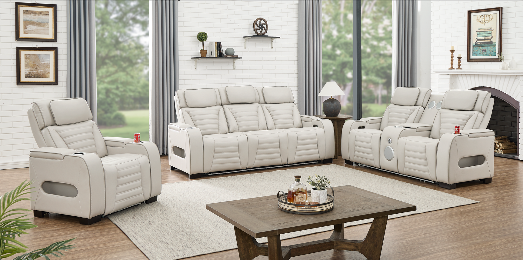 Close-up of sofa drop-down table with LED reading lights and cup holders