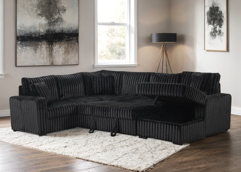 main view of Sonic Black fabric sectional sofa with pull-out bed