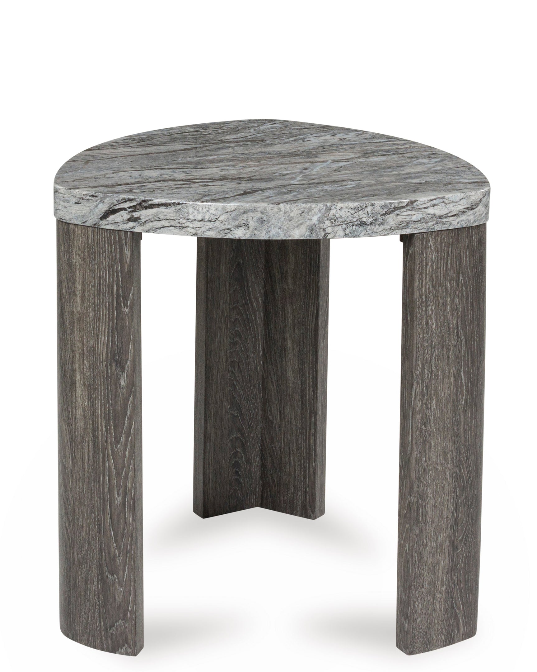 End table with decorative items, angled view