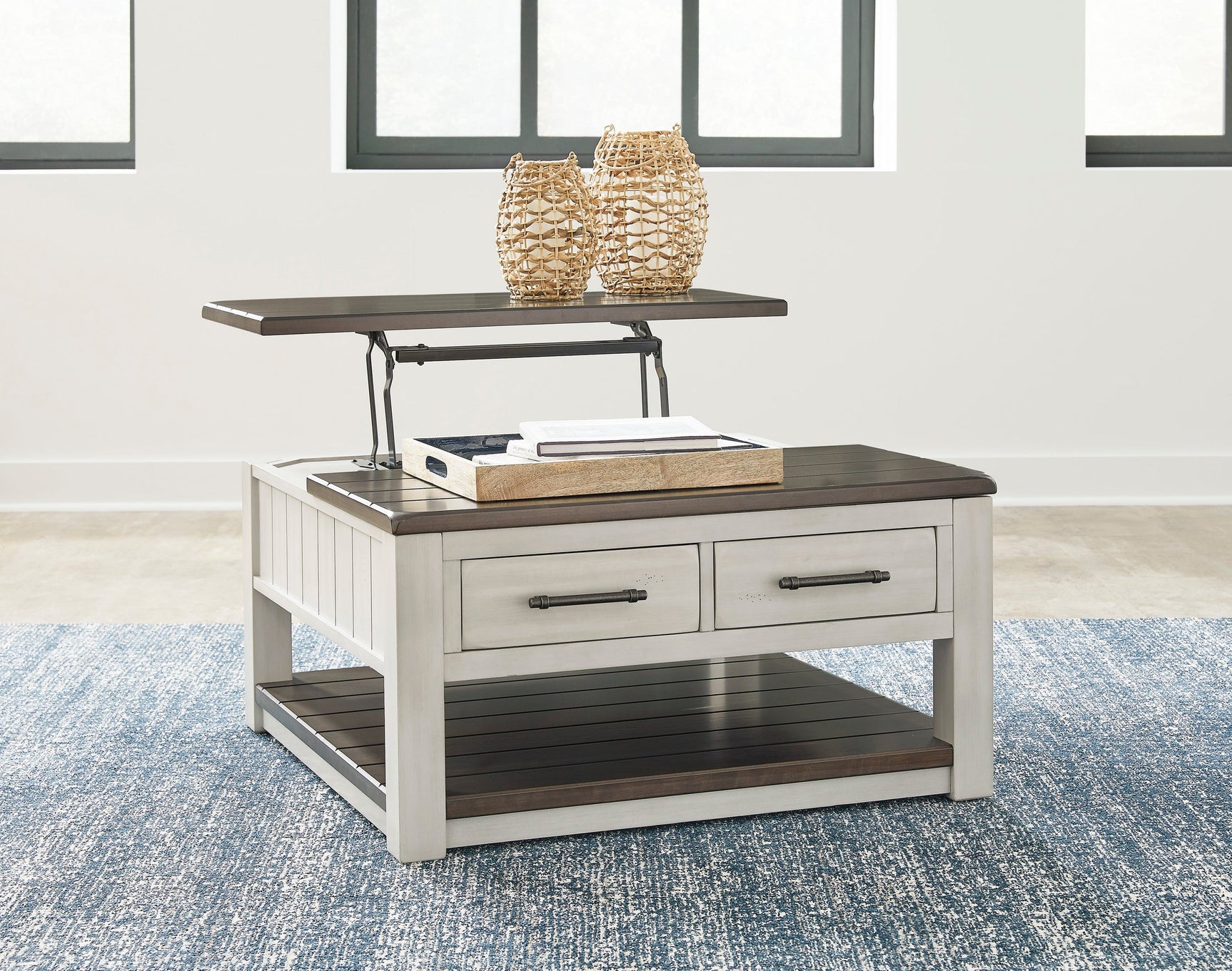 End table with distressed finish and metal bar pulls front angle