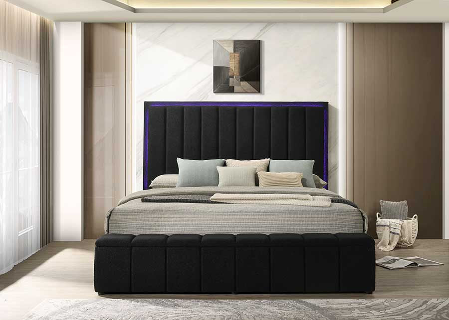 Side angle of Florence platform bed showing Bluetooth speakers
