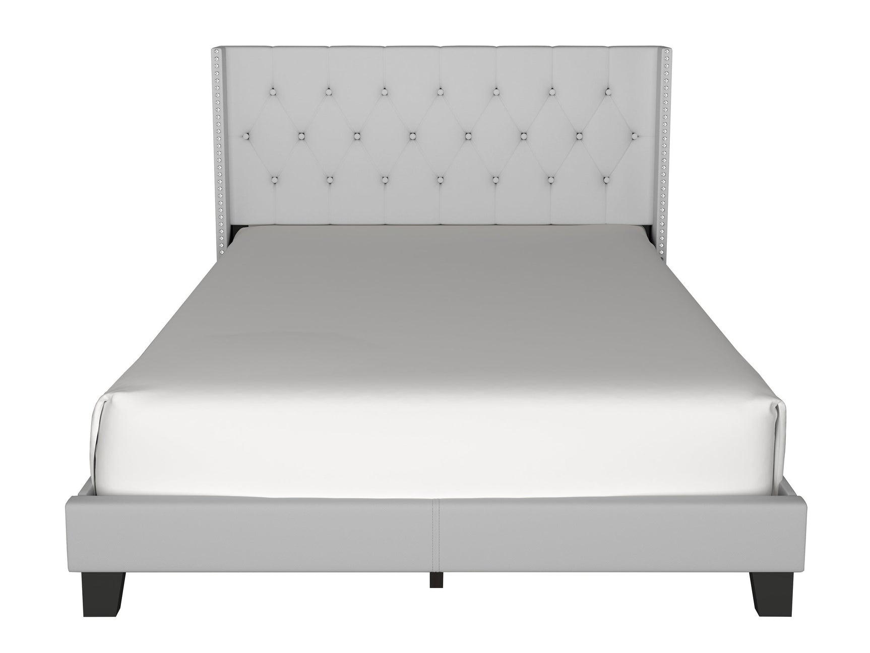 Hikaru gray upholstered queen platform bed showing footboard