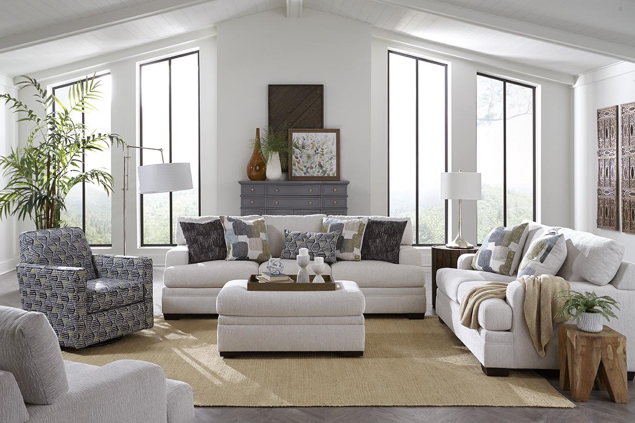 Behold Dove Sofa and Loveseat Set front view in Steinway Dove