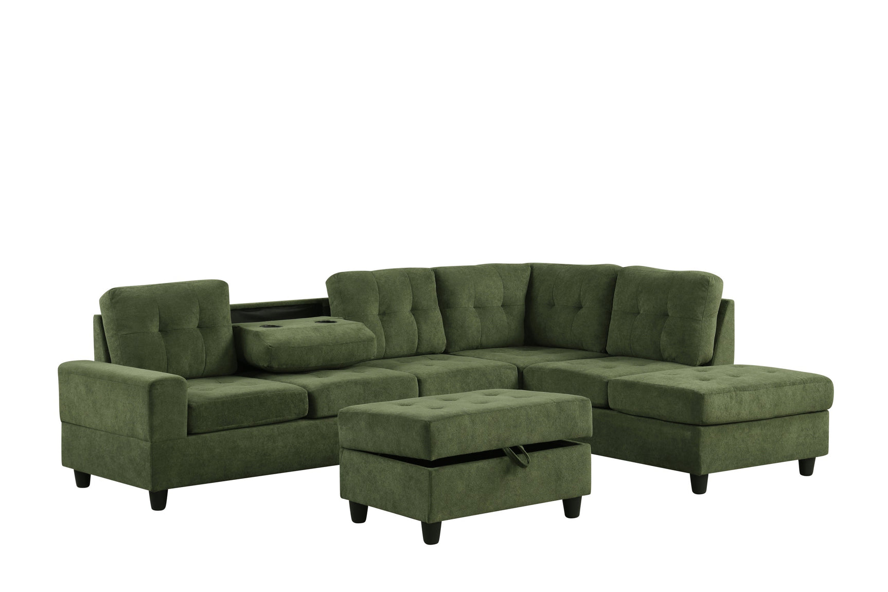 side view of Heights green reversible sectional sofa with storage ottoman