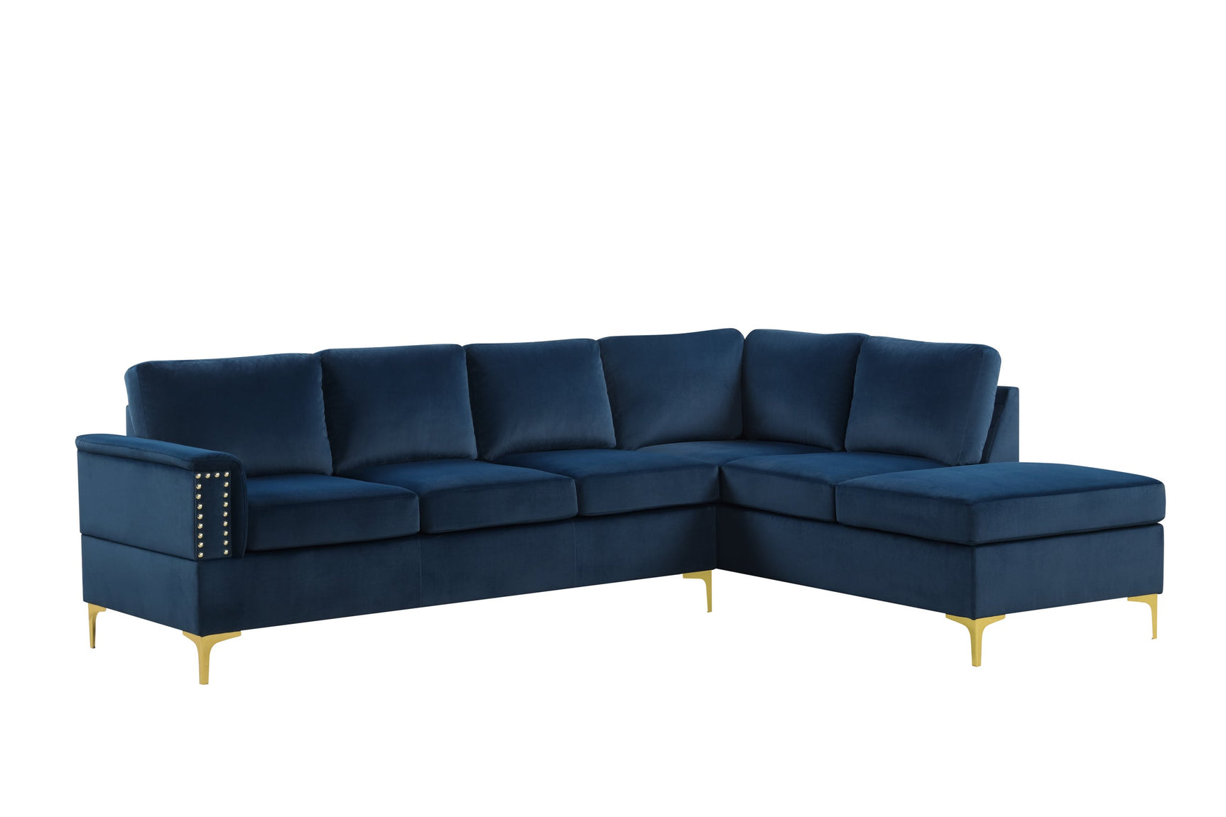 Side view of Vogue Navy Velvet Sectional Sofa showcasing chaise