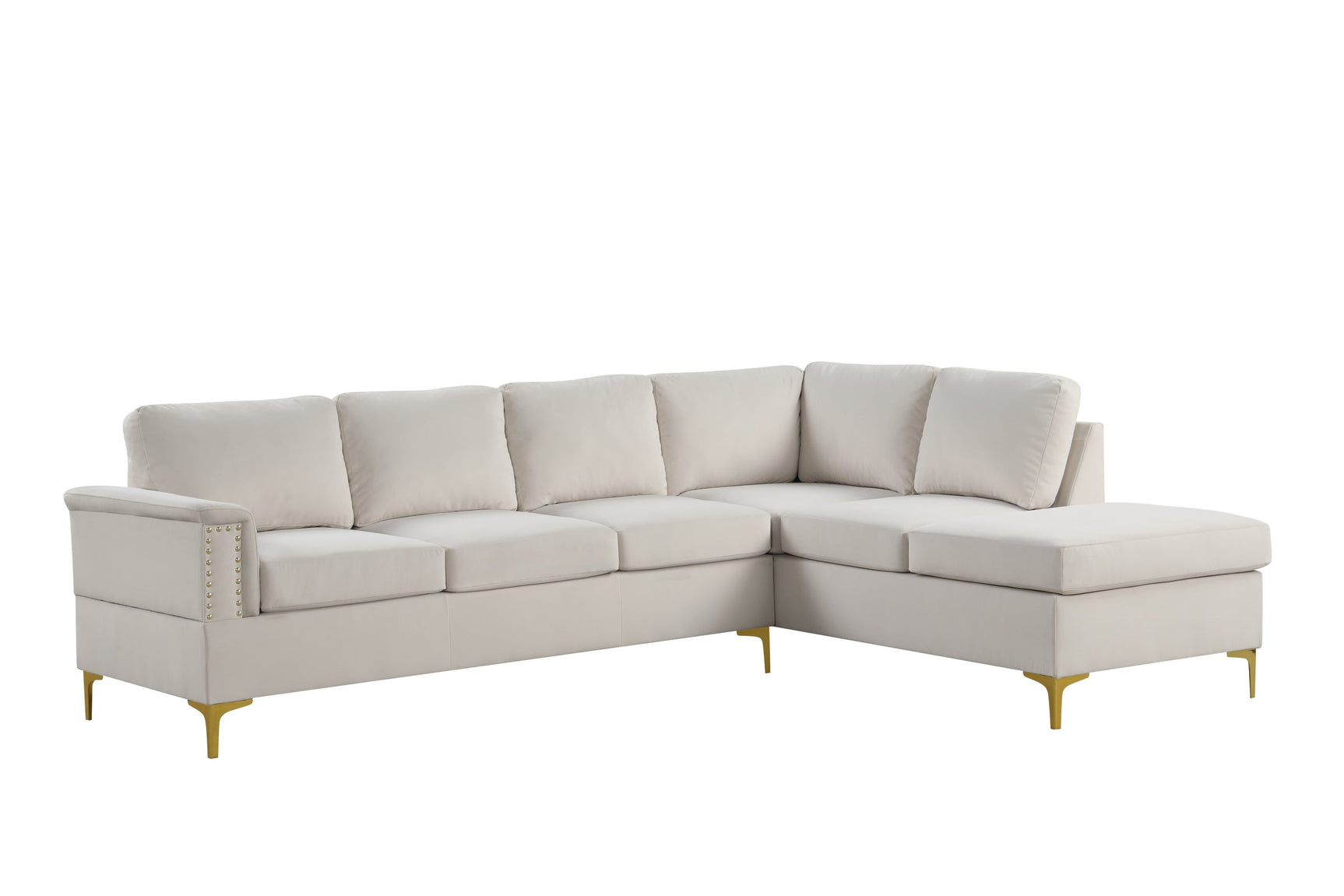 side view of Vogue Cream Velvet Sectional Sofa showing chaise and sofa section