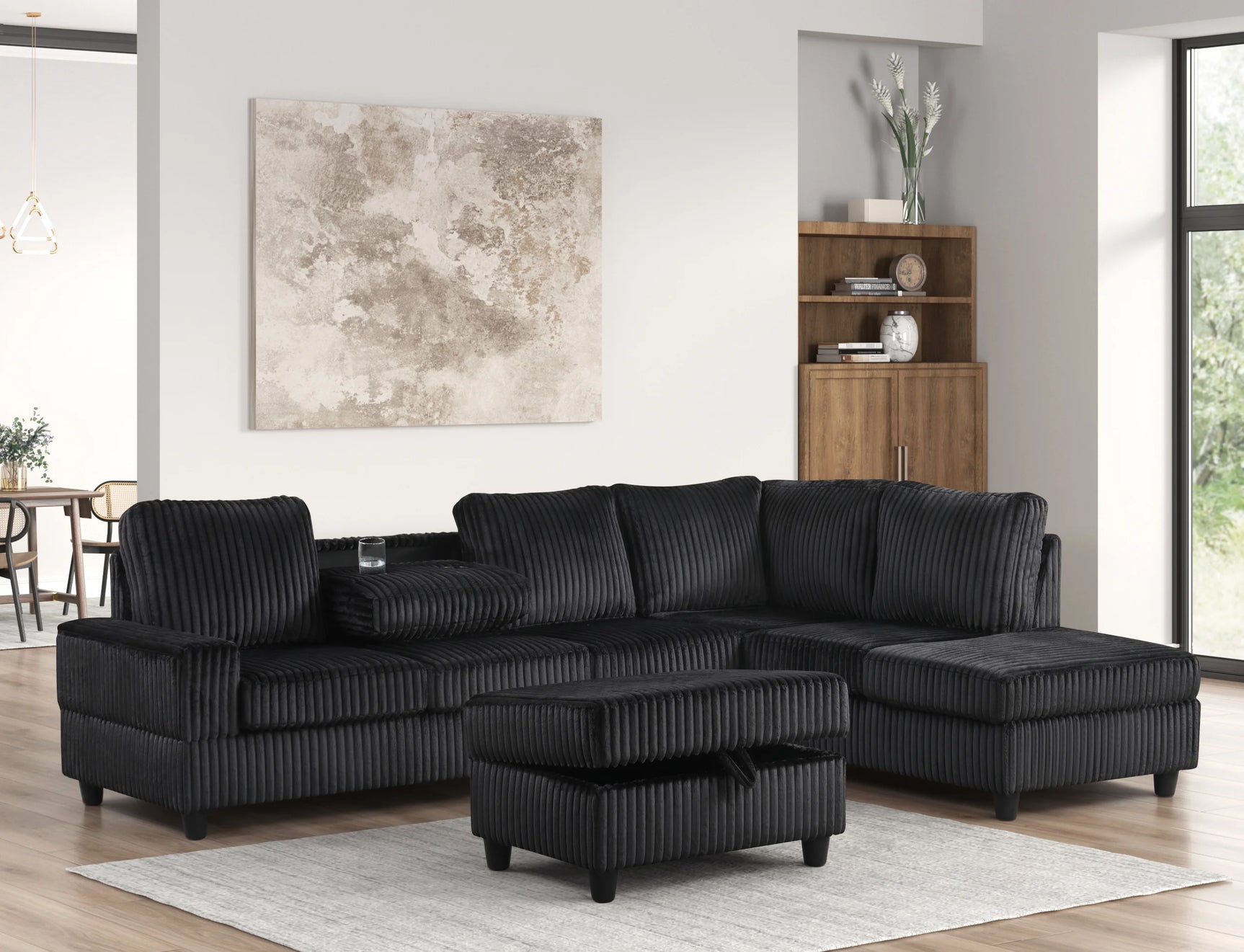 main view of Heights Black Cord Fabric Reversible Sectional + Ottoman sectional sofa