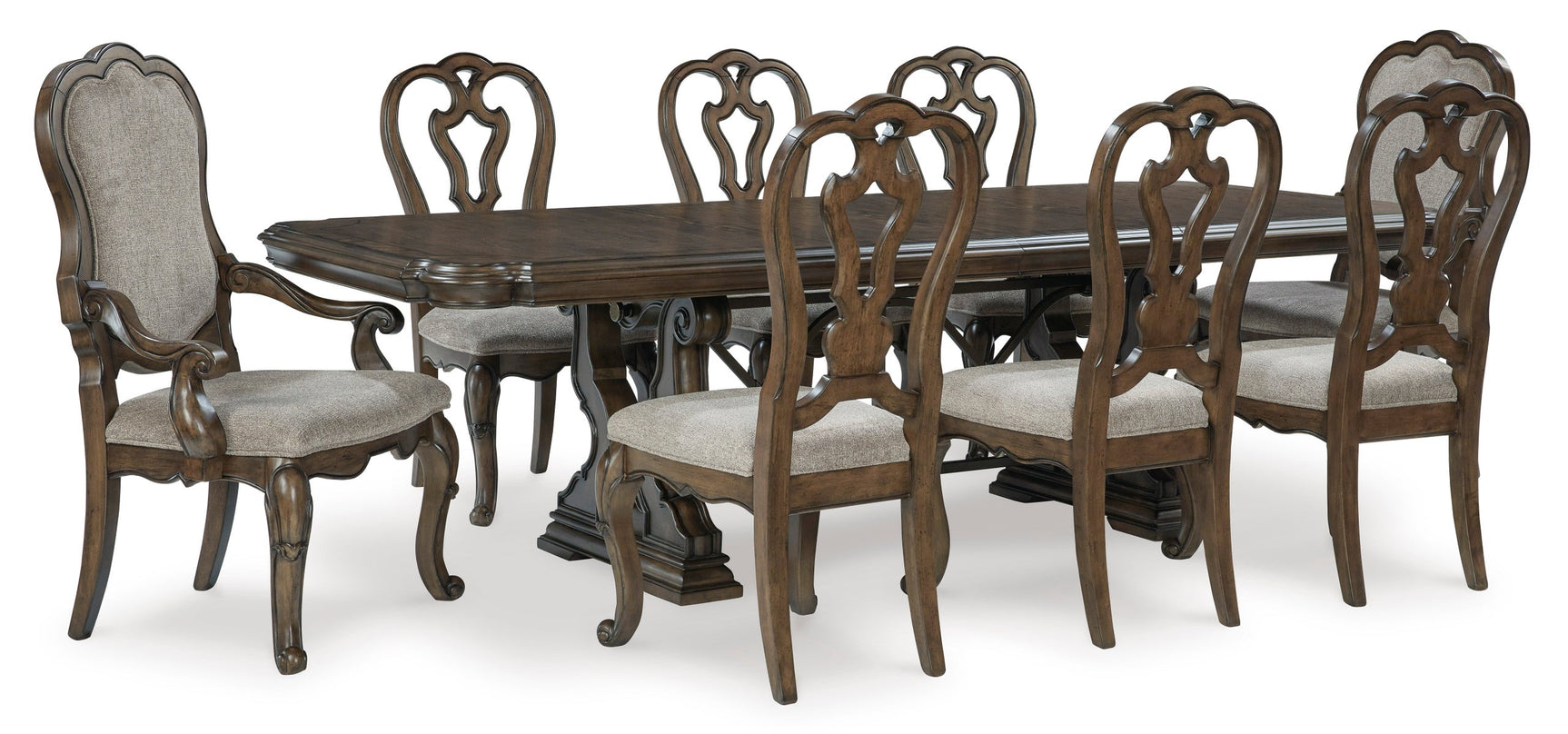 Side angle of Divine Dark Cherry Pedestal Dining Table set highlighting chair details