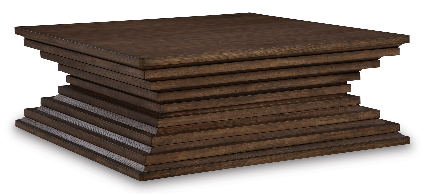 Side angle of Hannodream warm brown cocktail table showing caster wheels