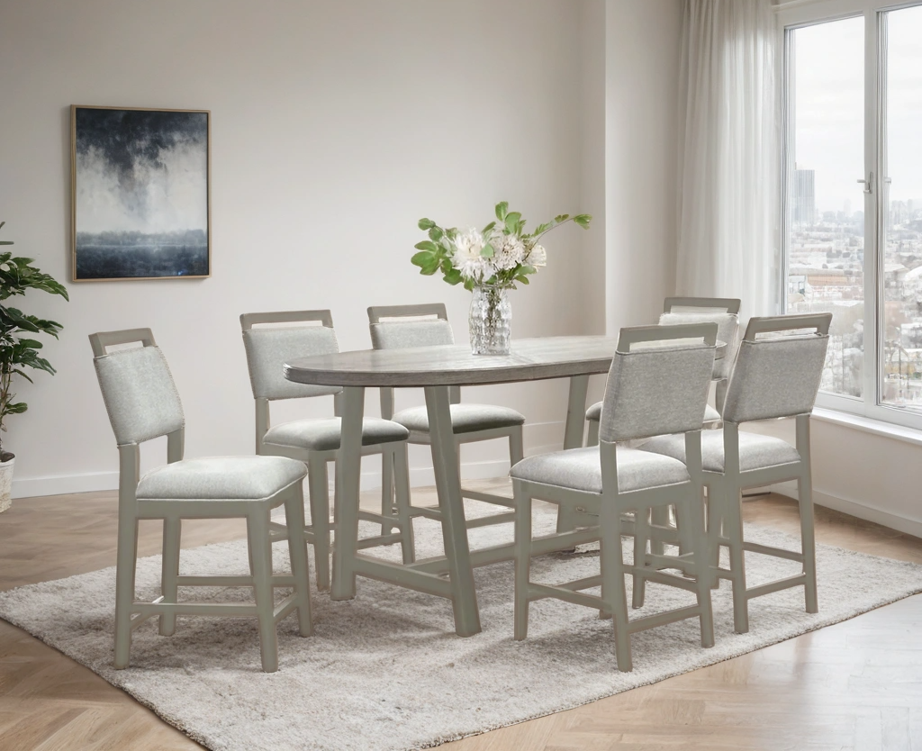 Duss light gray counter height dining table with six chairs main view