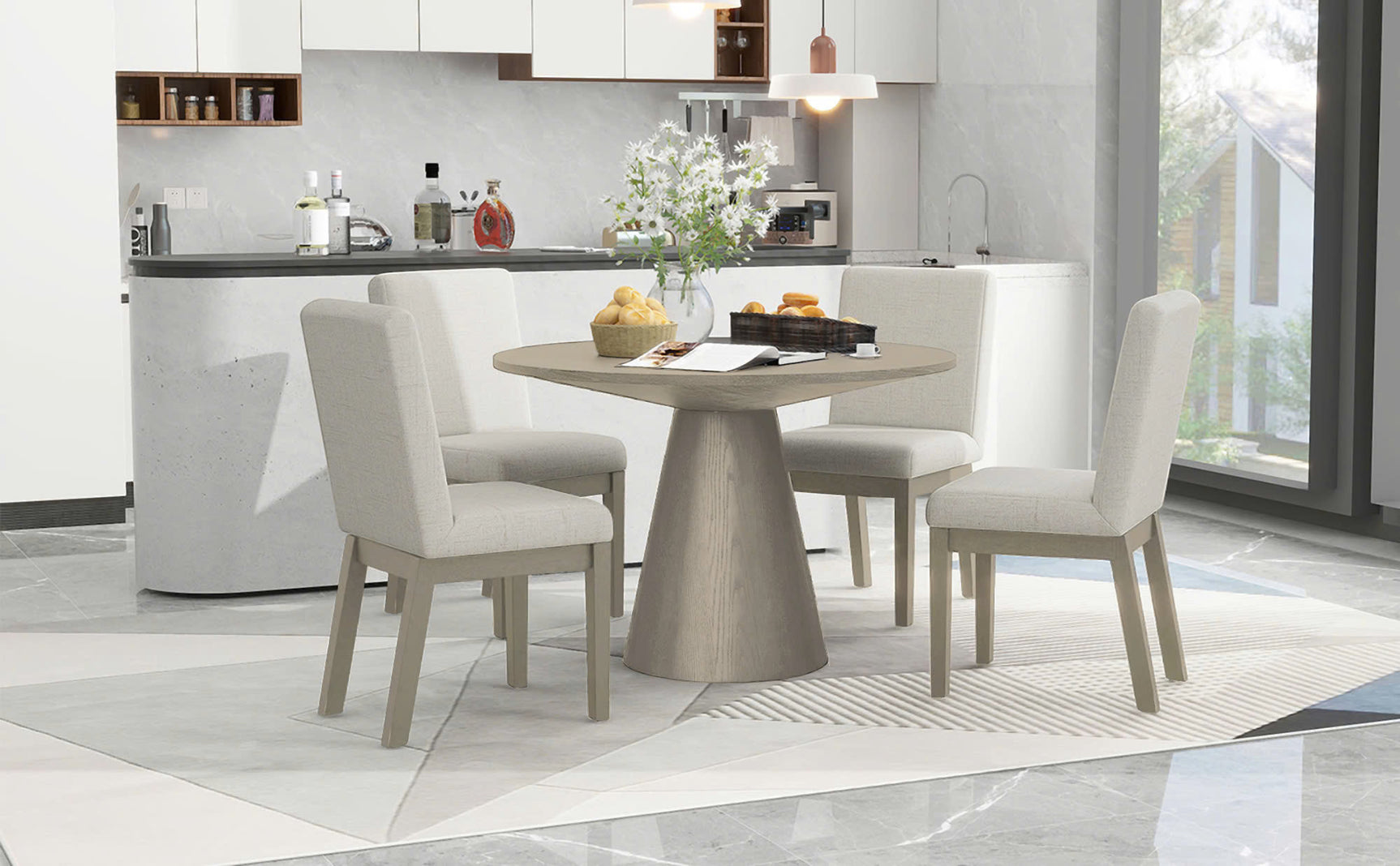 Front view of Ditu Light Gray Round Dining Table with 4 chairs set in dining room