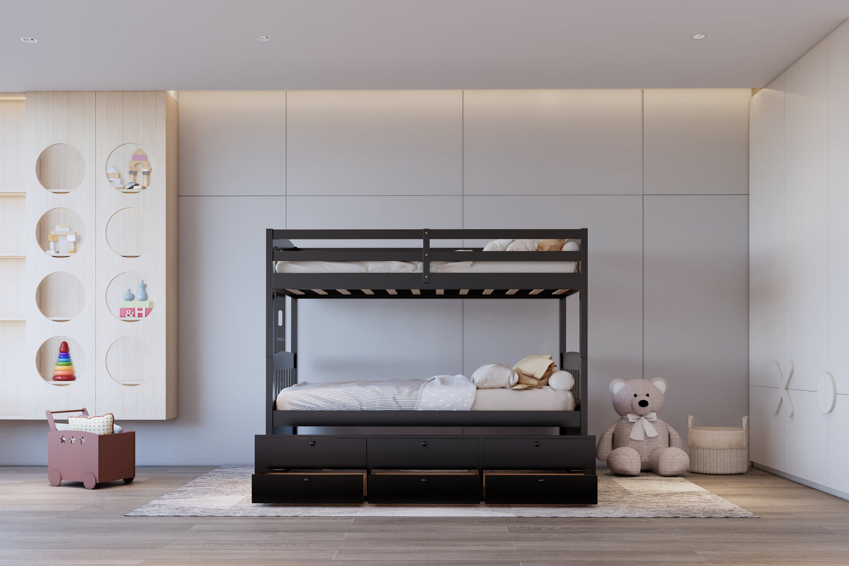 Babylon black twin over twin bunk bed side angle