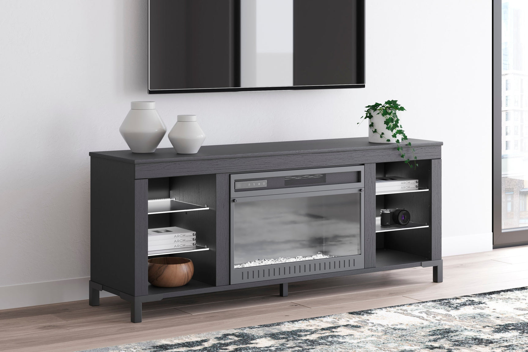 Side view of black TV stand showing shelves and LED lighting