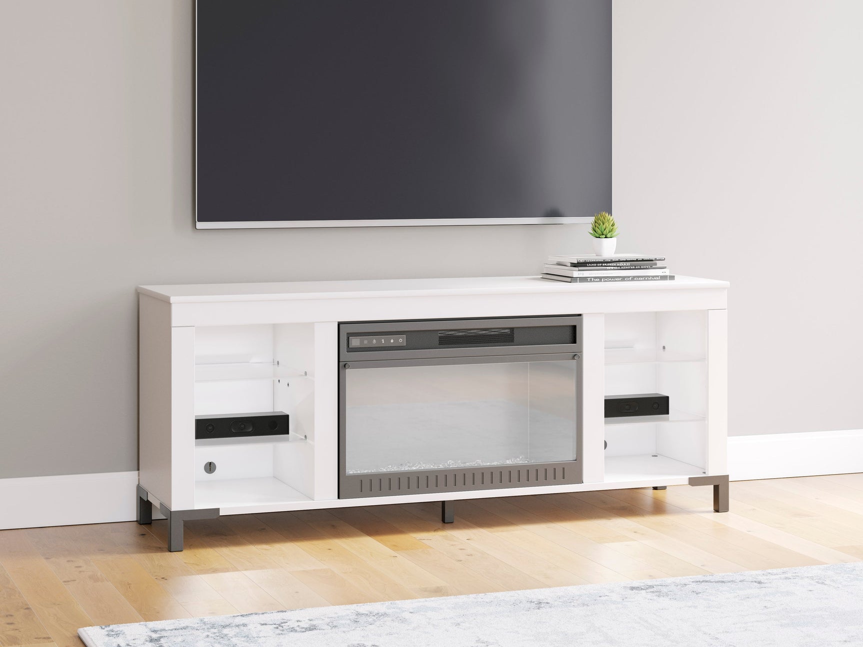TV stand side angle highlighting fireplace insert