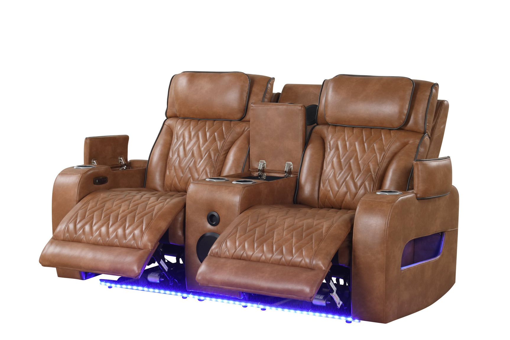 Close-up of sofa armrest flip-top storage and cup holder
