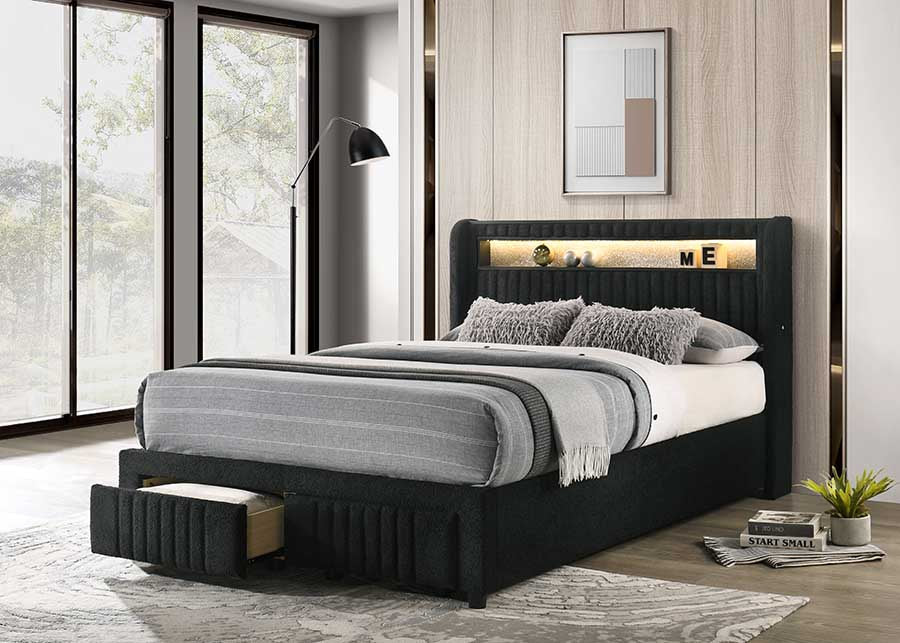 Cupid black upholstered LED storage platform twin bed angled view