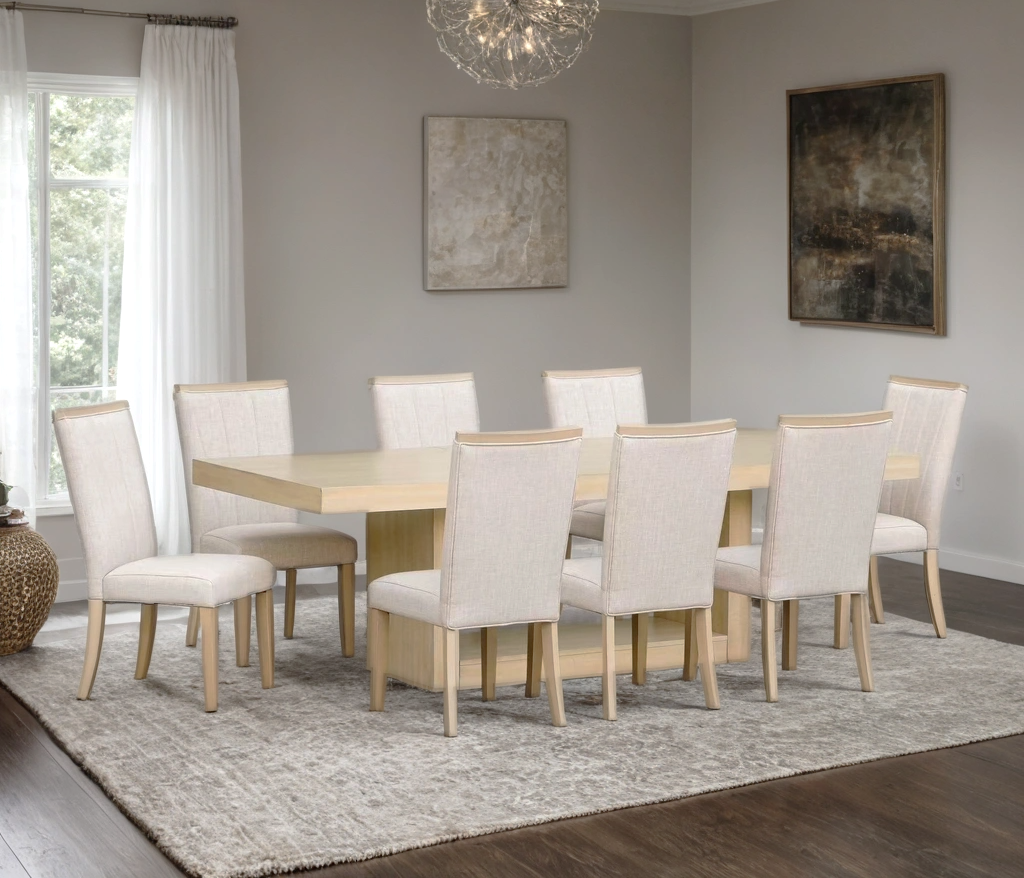 Demian Natural Rectangular Dining Room Set dining table and 8 sand fabric upholstered chairs